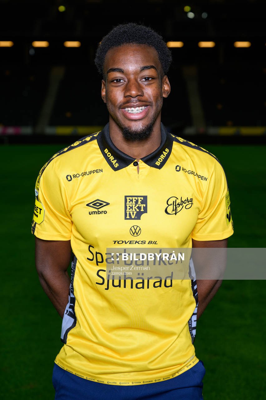 Anthony Elanga poses for a portrait with the jersey of his parent club Elfsborg ahead of a training session with the Swedish national football team on September 26, 2022 in Stockholm.