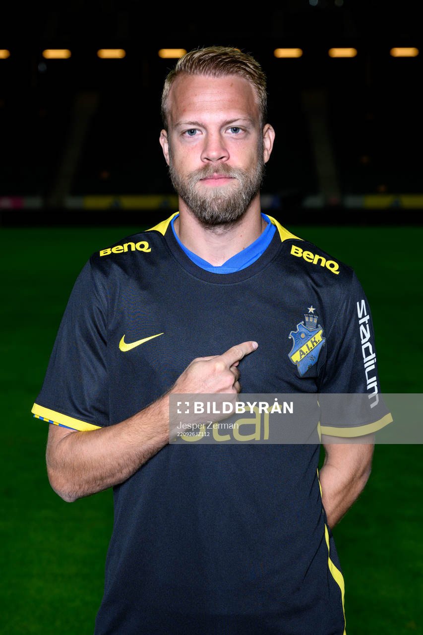Daniel Sundgren poses for a portrait with the jersey of his