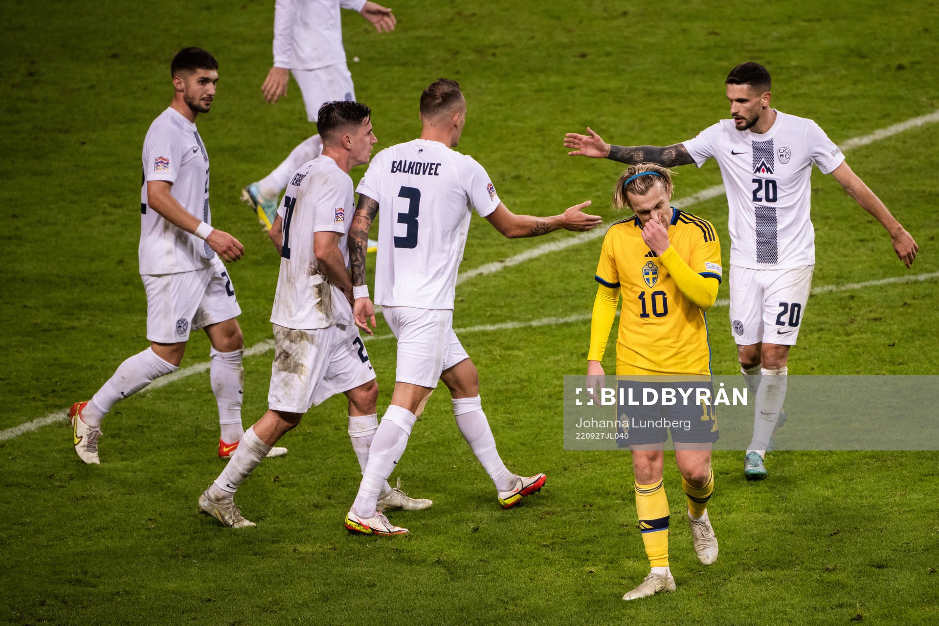 Emil Forsberg of Sweden looks dejected during the Nations League football match between Sweden and Slovenia on September 27, 2022 in Stockholm. 