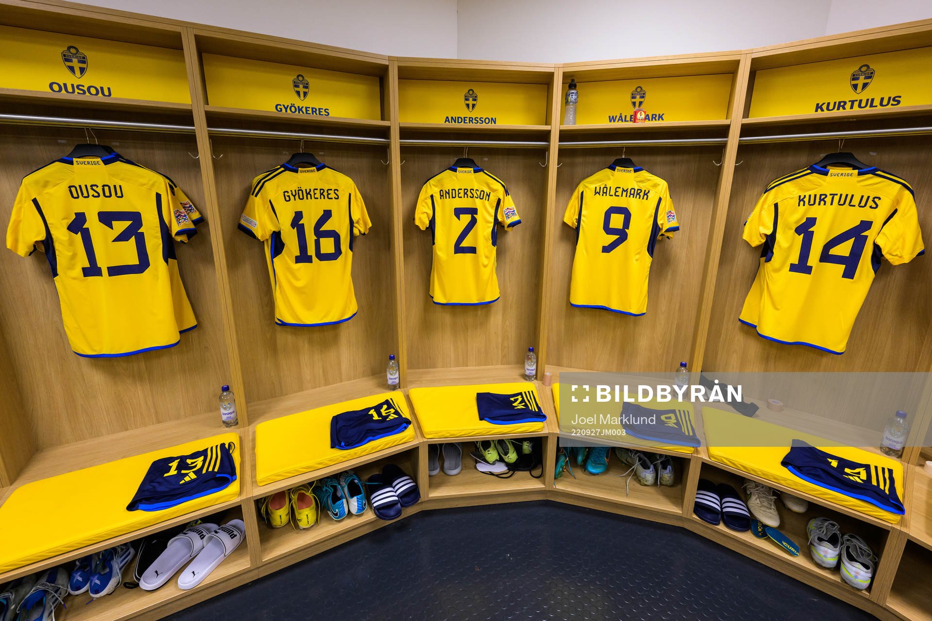 Jerseys of Aiham Ousou, Viktor Gyökeres, Joel Andersson, Patrik Wålemark and Edvin Kurtulus in the dressing room of Sweden ahead of the Nations League football match between Sweden and Slovenia on September 27, 2022 in Stockholm.