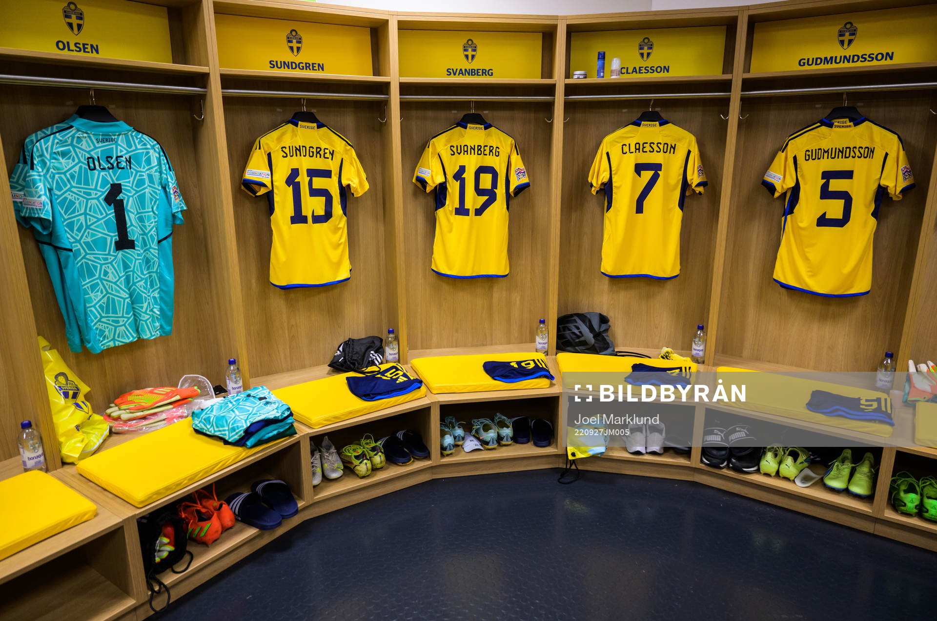 Jerseys of Robin Olsen, Daniel Sundgren, Mattias Svanberg,