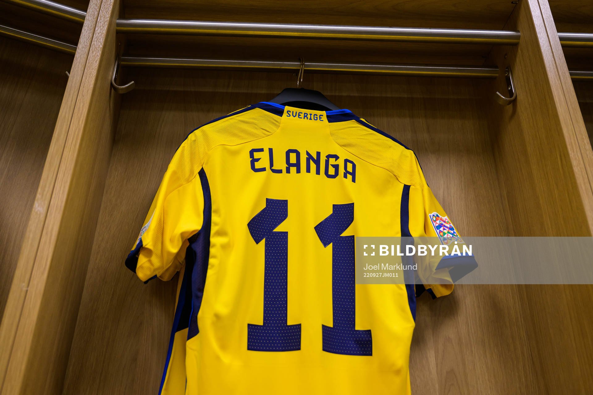 Jersey of Anthony Elanga in the dressing room of Sweden ahead of the Nations League football match between Sweden and Slovenia on September 27, 2022 in Stockholm.