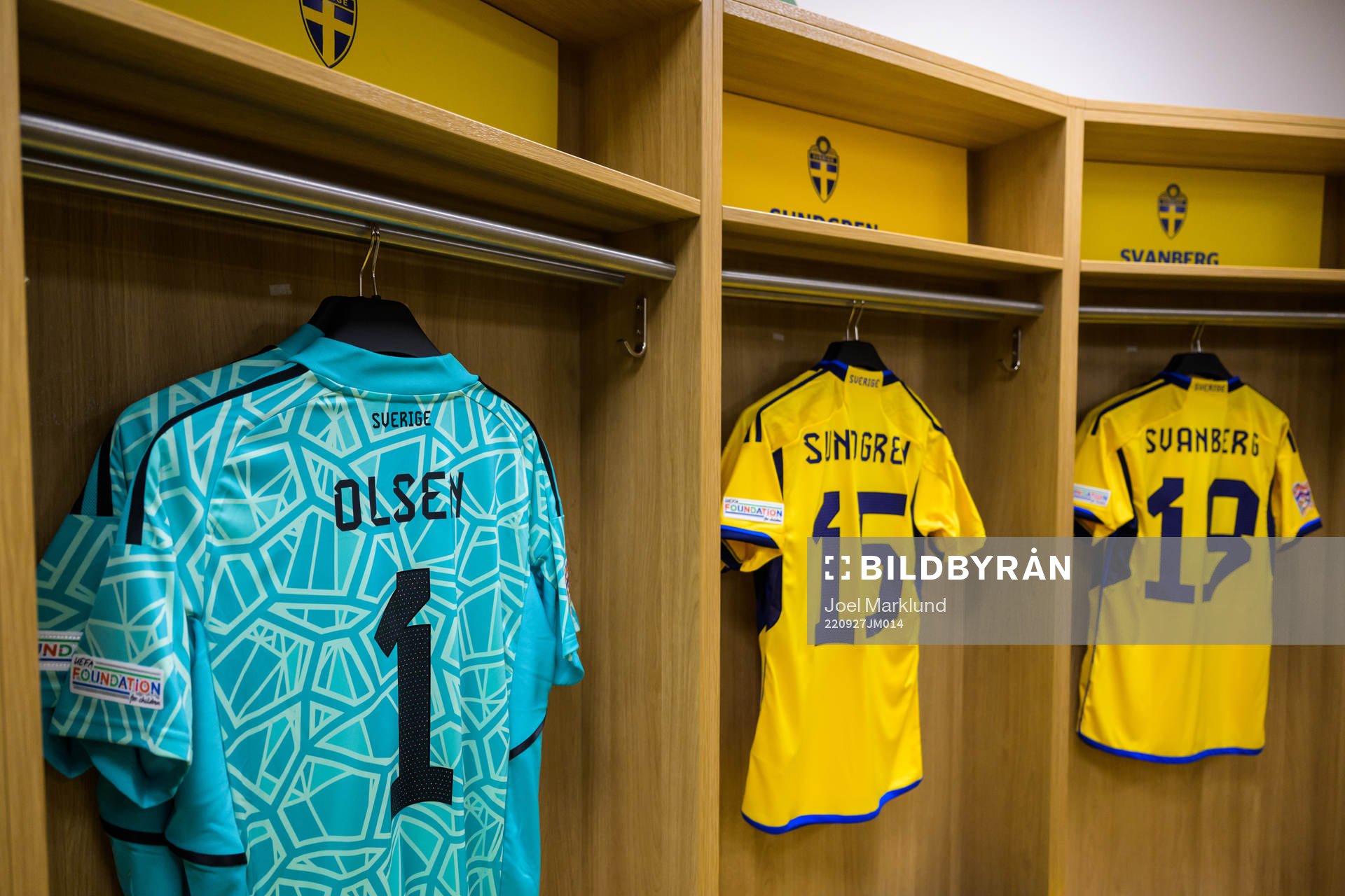 Jerseys of Robin Olsen, Daniel Sundgren and Mattias