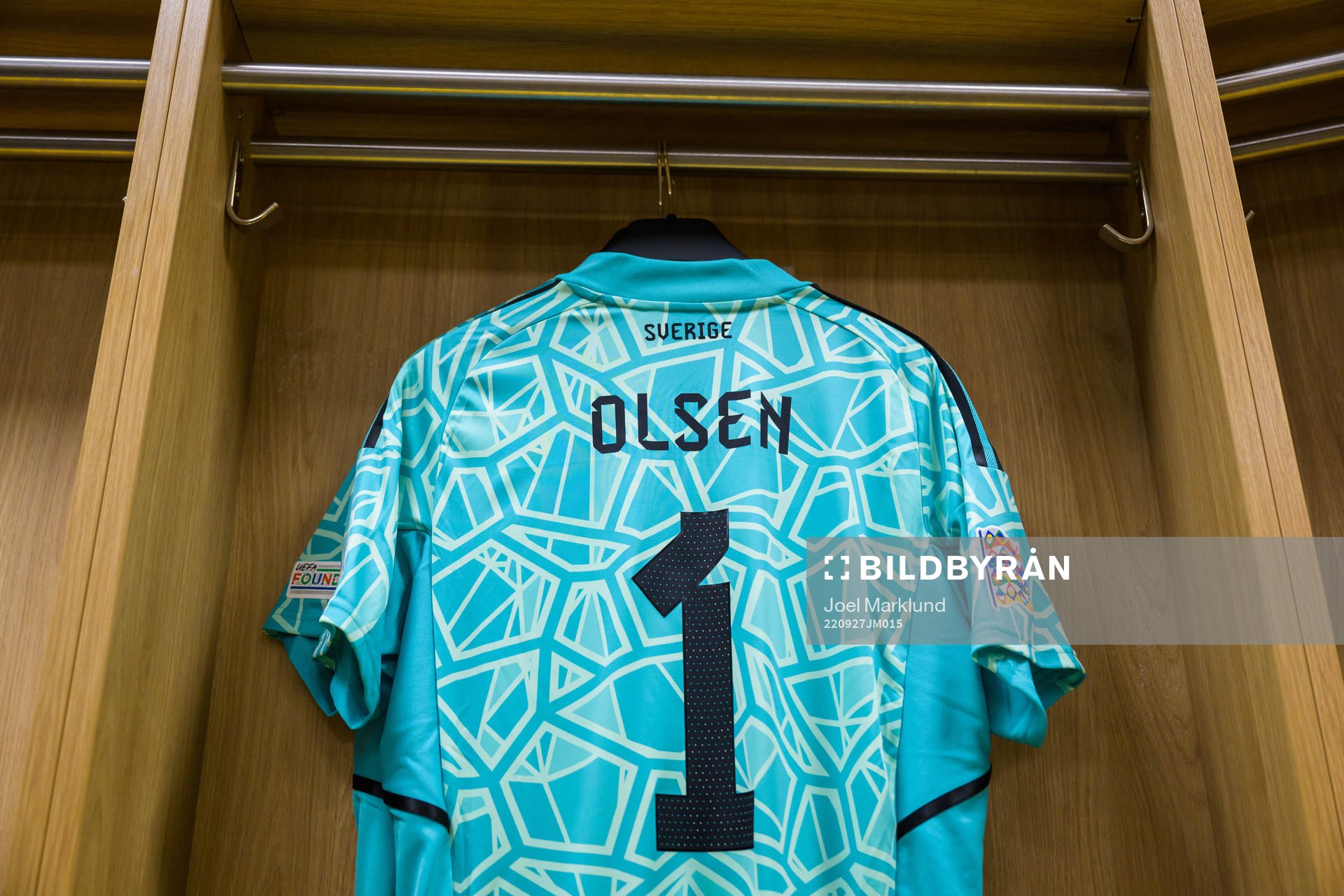Jersey of Robin Olsen in the dressing room of Sweden