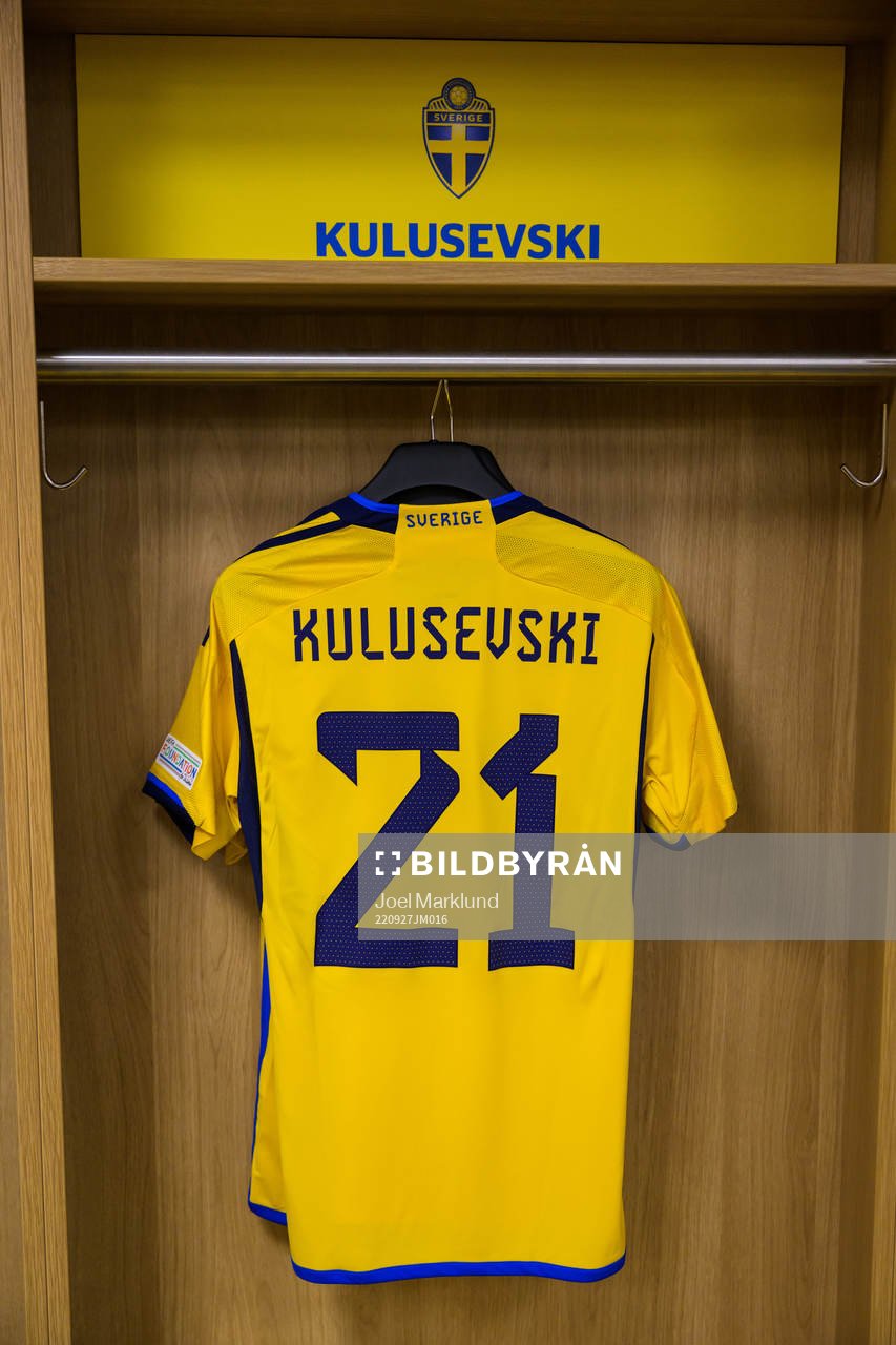 Jersey of Dejan Kulusevski in the dressing room of Sweden