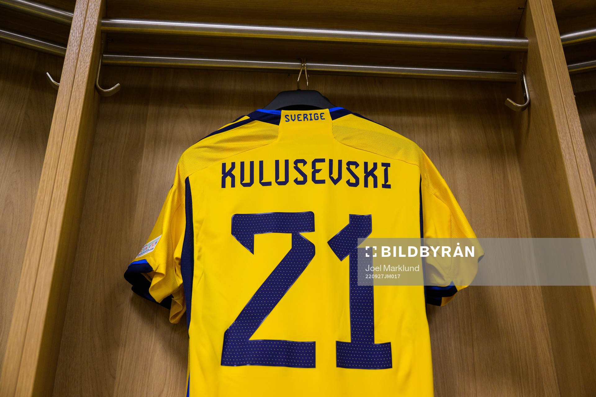 Jersey of Dejan Kulusevski in the dressing room of Sweden