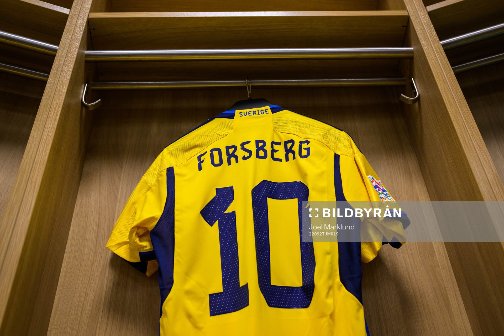 Jersey of Emil Forsberg in the dressing room of Sweden ahead of the Nations League football match between Sweden and Slovenia on September 27, 2022 in Stockholm.