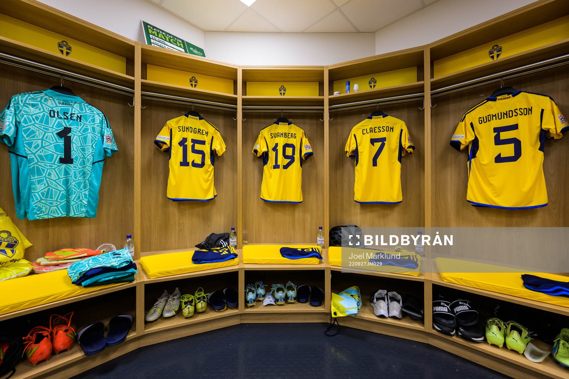Jerseys of Robin Olsen, Daniel Sundgren, Mattias Svanberg,