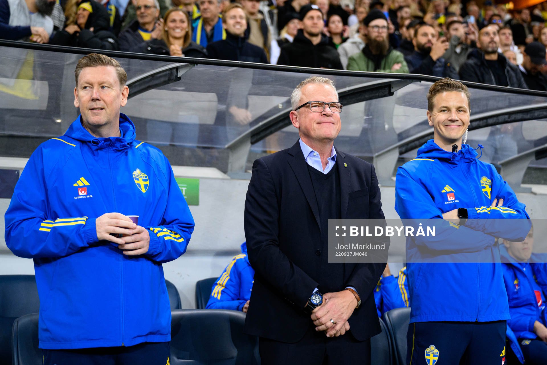 Assistant coach Peter Wettergren, Head coach Janne Andersson and goalkeeper coach Maths Elfvendal of Sweden ahead of the Nations League football match between Sweden and Slovenia on September 27, 2022 in Stockholm.