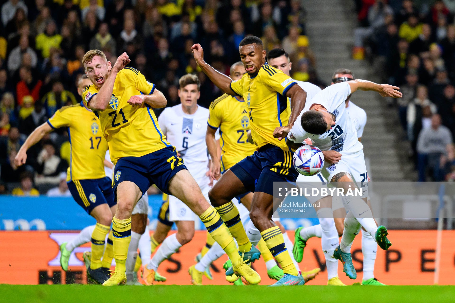 Dejan Kulusevski and Isak Hien of Sweden against Petar