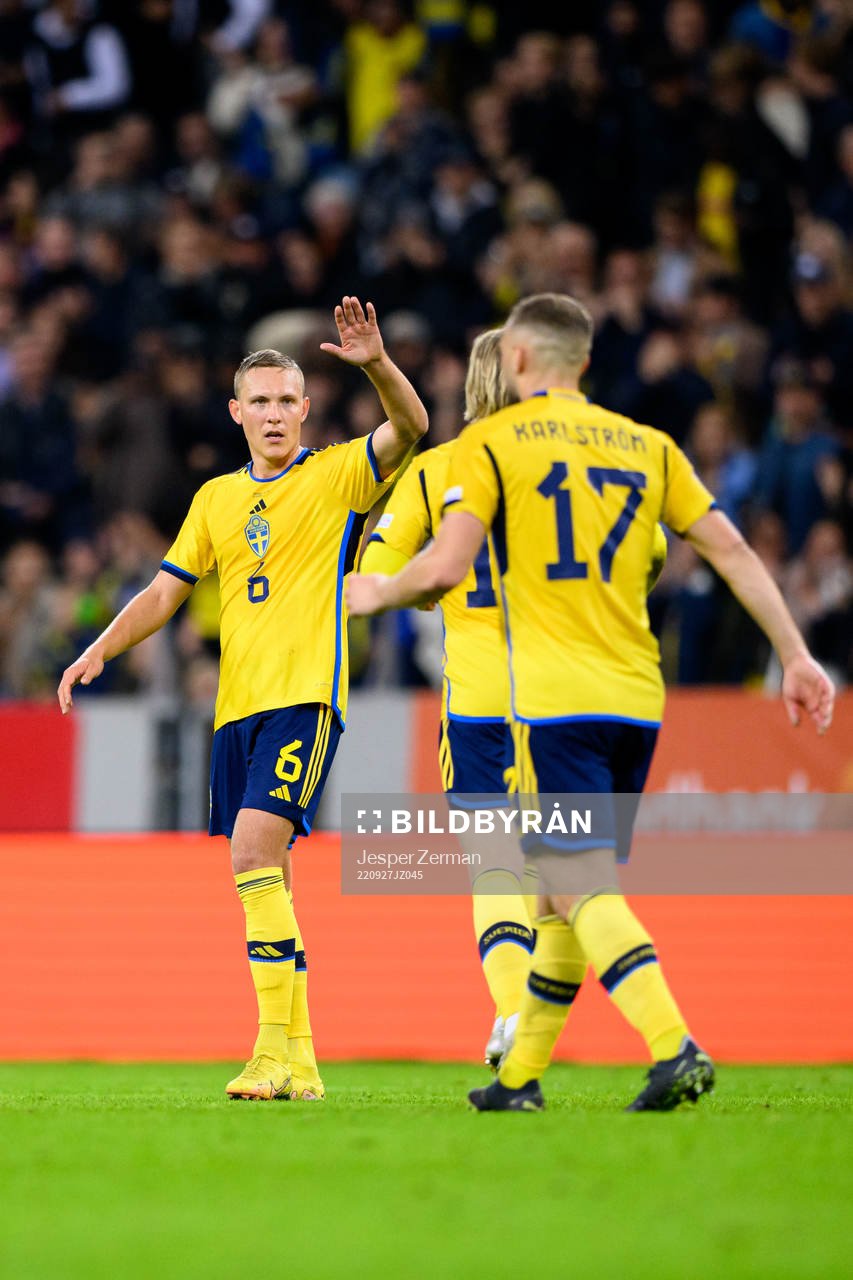 Ludwig Augustinsson of Sweden celebratesafter 1-1 scored by