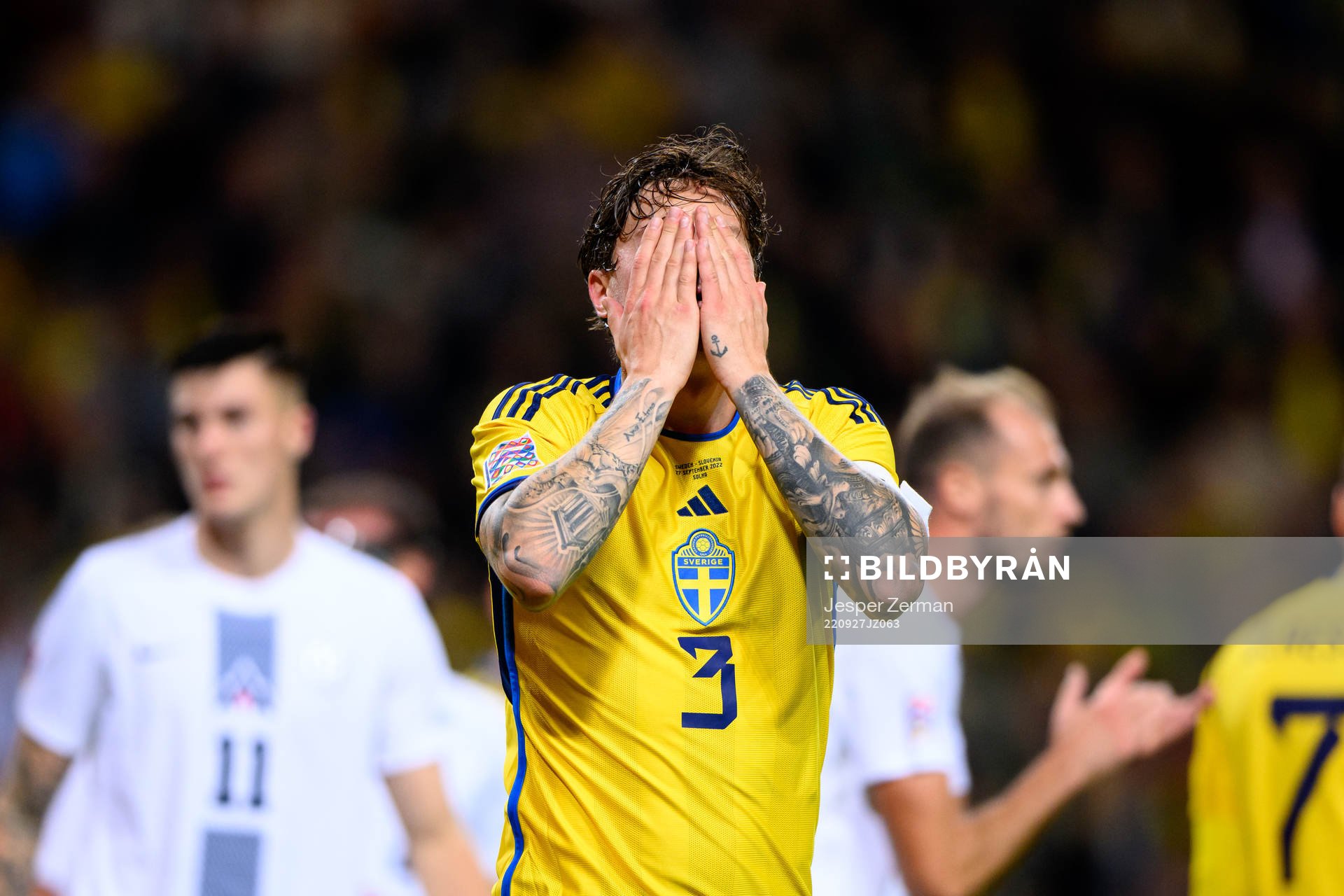 Victor Nilsson Lindelöf of Sweden looks dejected