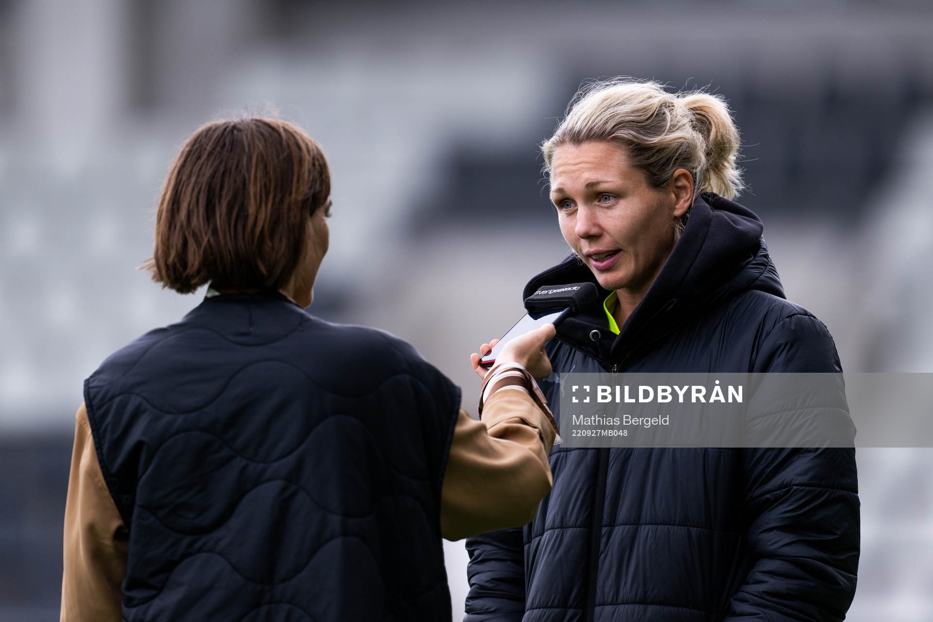 goalkeeper Jennifer Falk is interviewed