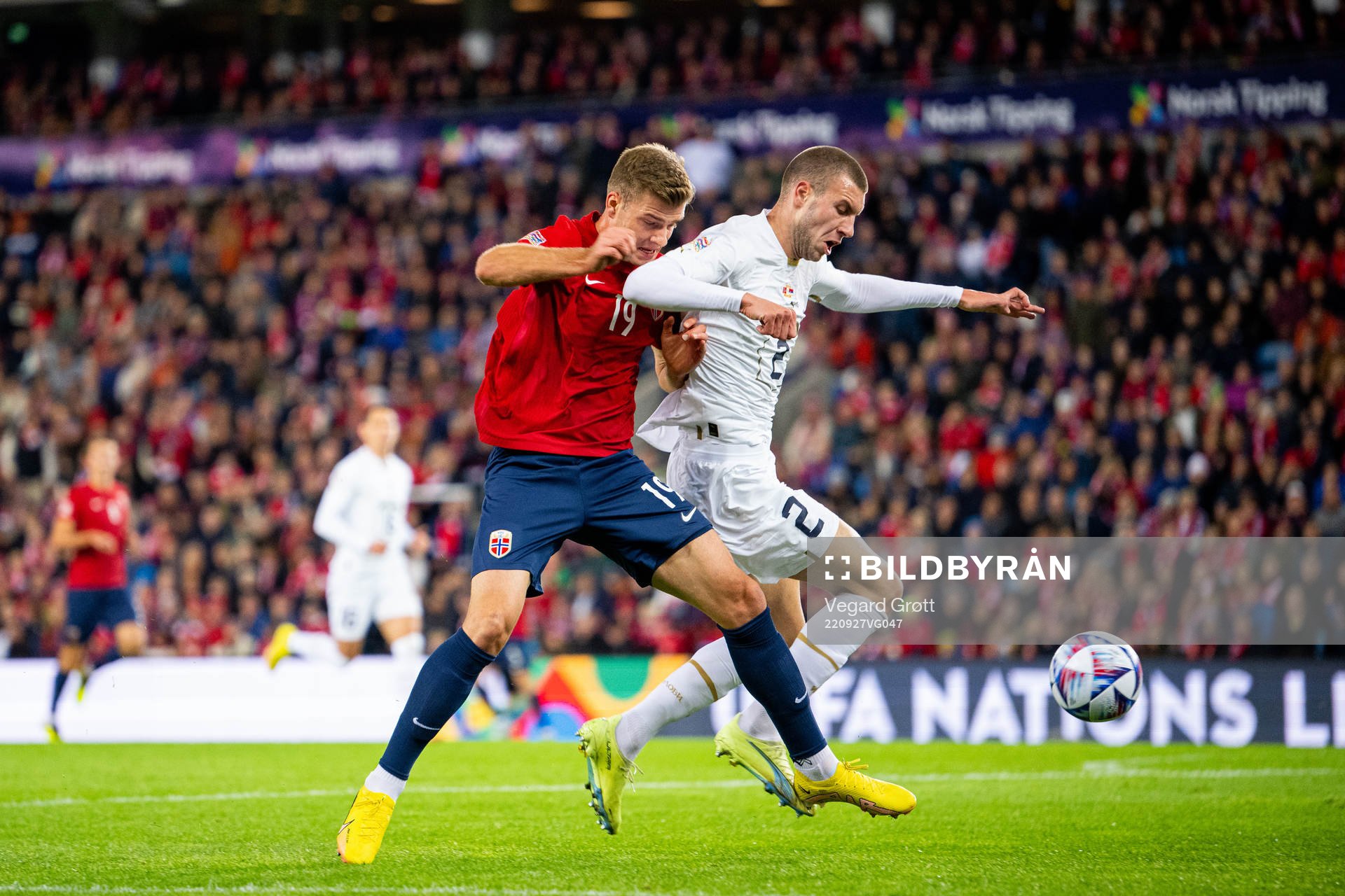 Alexander Sørloth of Norway and Strahinja Pavlovic of