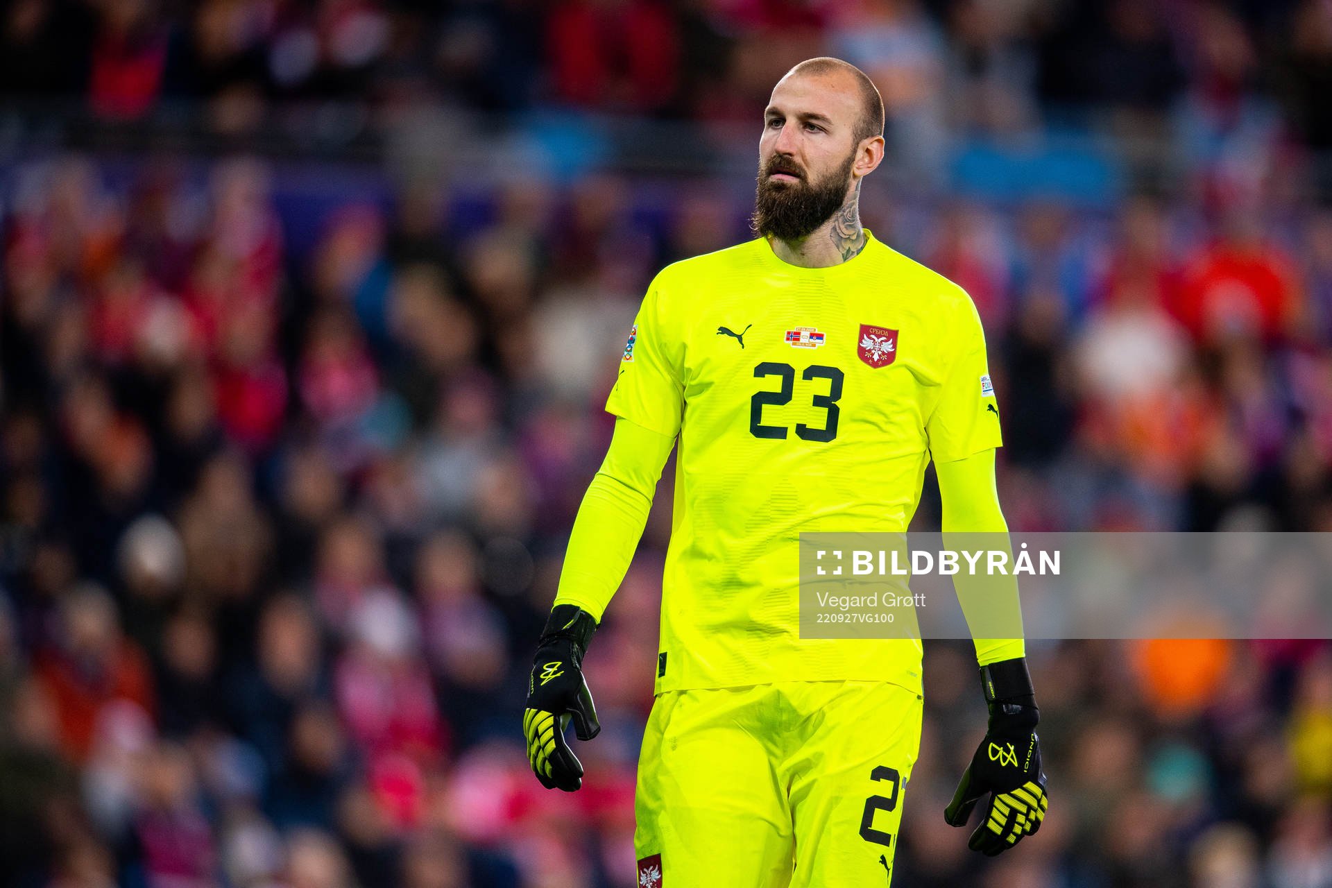 Goalkeeper Vanja Milinkovic-Savic of Serbia during the Nations League football match between Norway and Serbia on September 27, 2022 in Oslo.