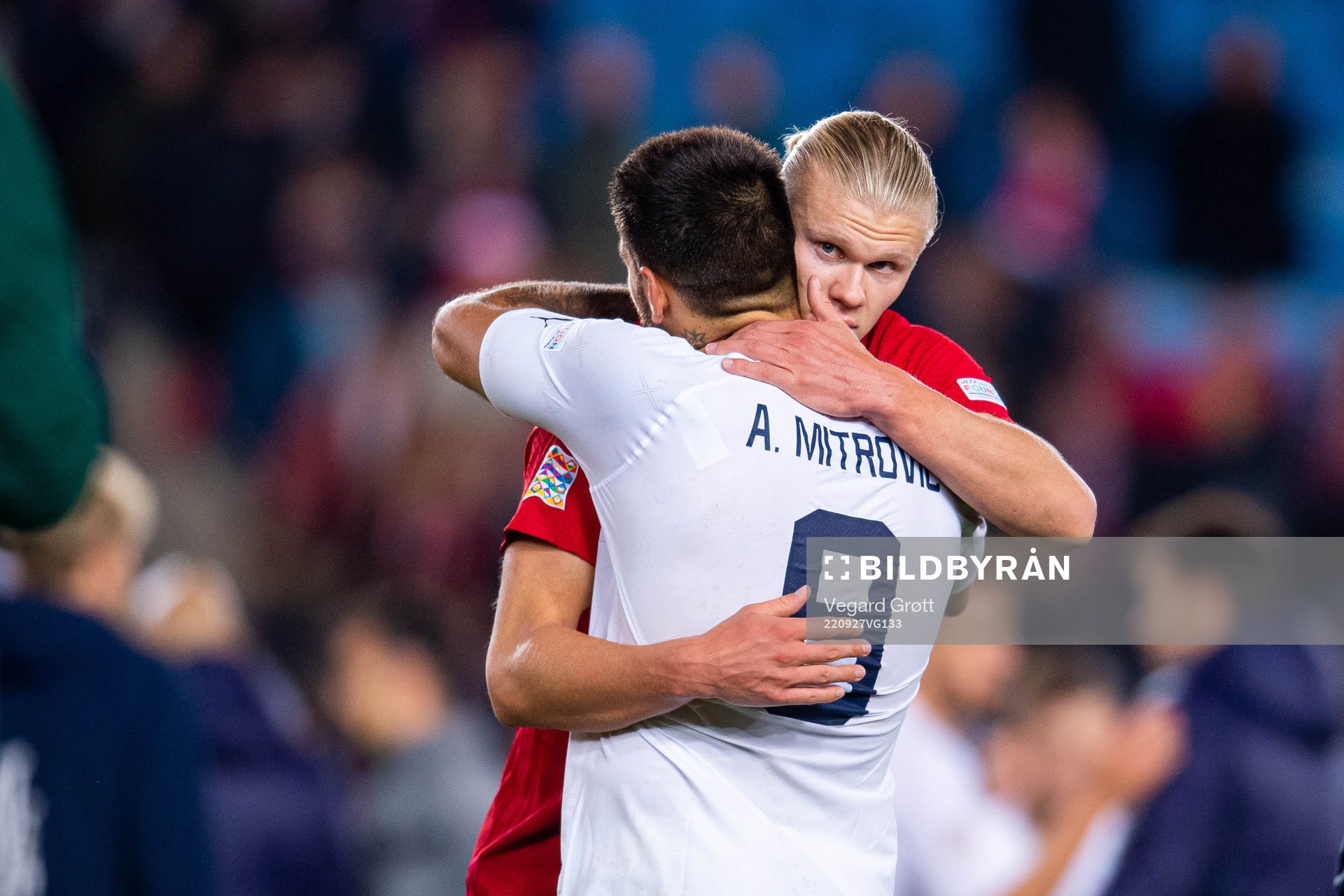Erling Braut Haaland of Norway and Aleksandar Mitrovic of Serbia after the Nations League football match between Norway and Serbia on September 27, 2022 in Oslo.