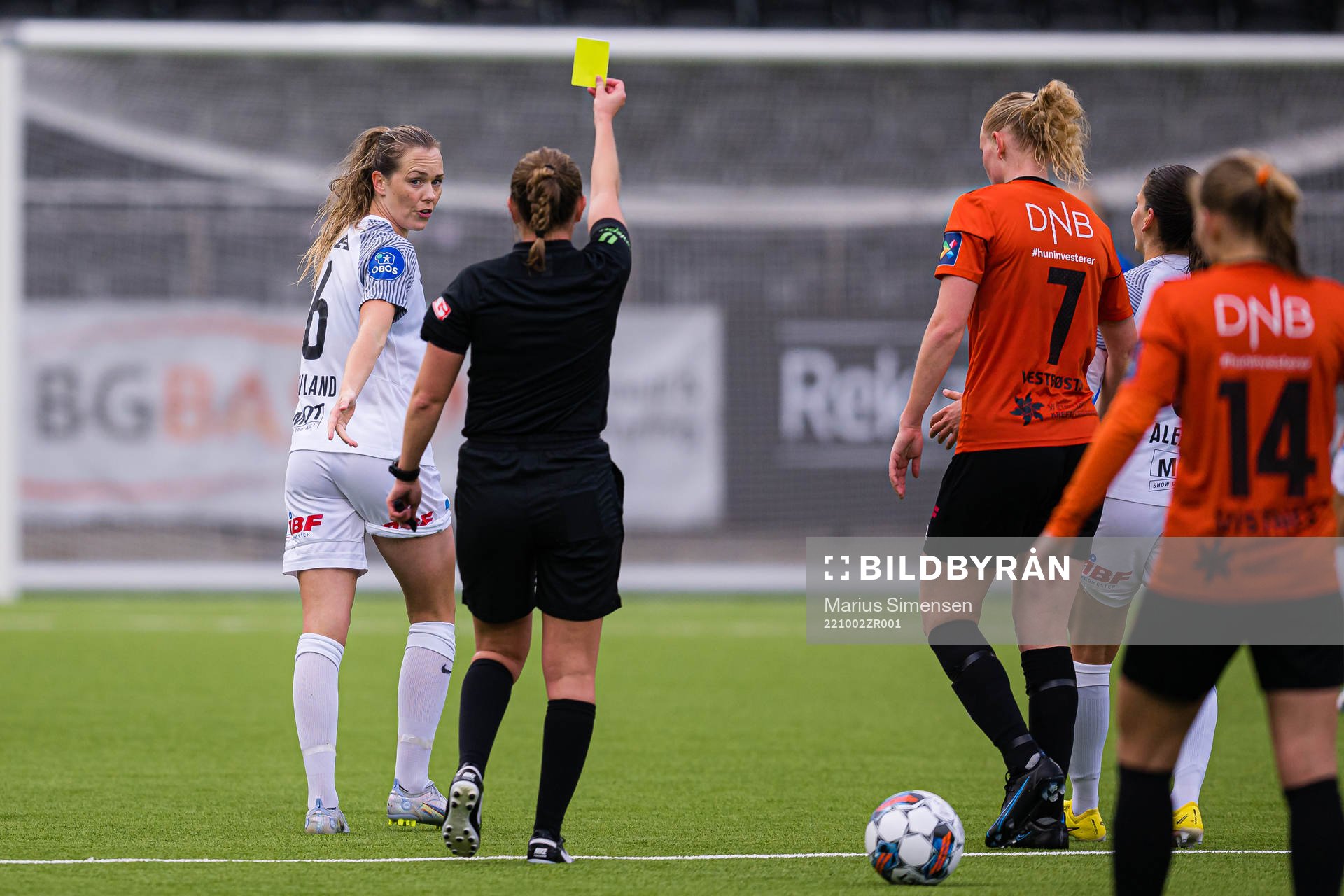 Stine Hovland of Arna-Bjørnar after receiving a yellow card during the Toppserien football match between Åsane and Arna-Bjørnar on October 2, 2022 in Bergen.
