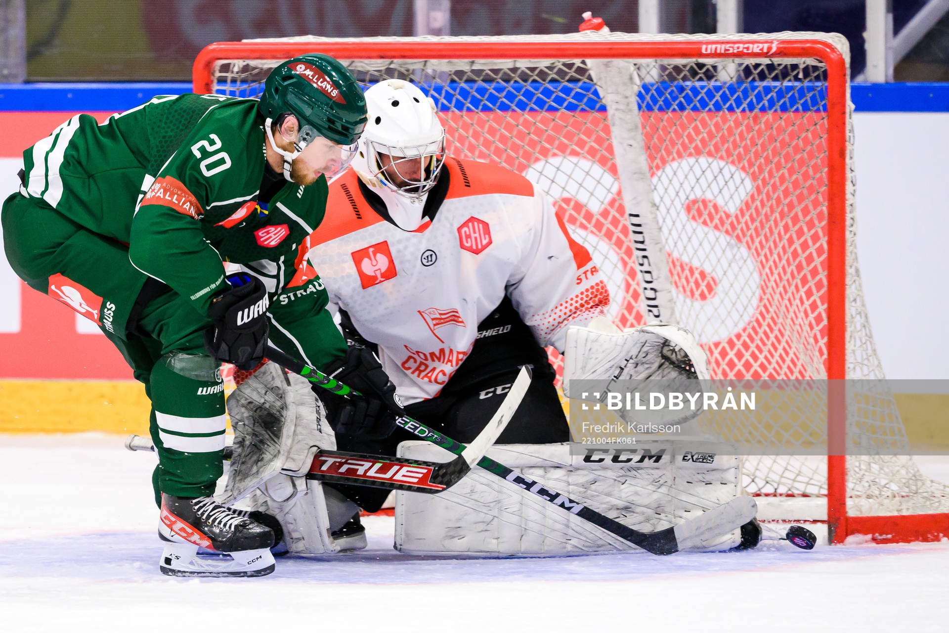 Marcus Westfält of Färjestad and goaltender Rok