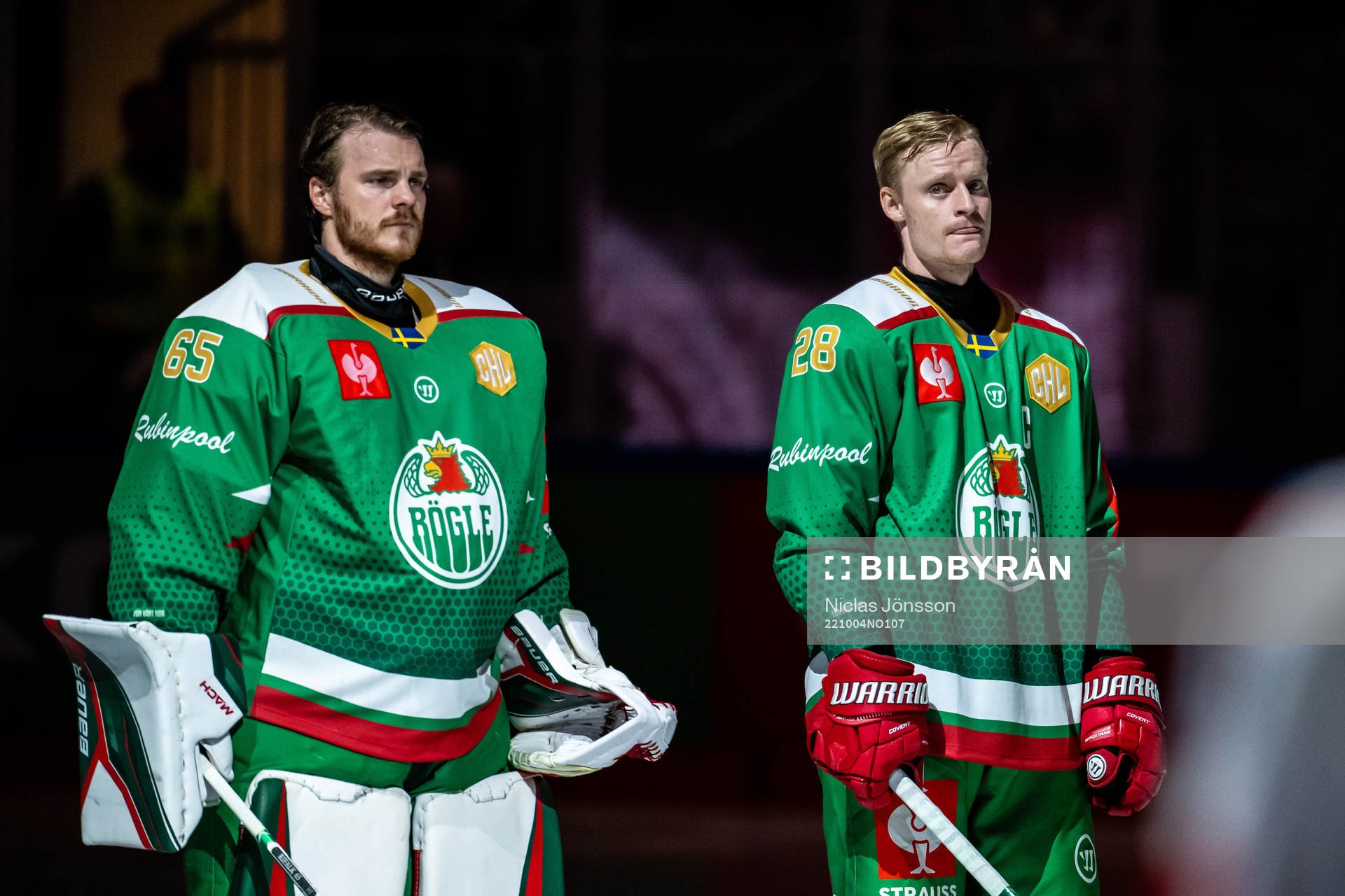 <goalkeeper Christoffer Rifalk and Anton Bengtsson of Rögle