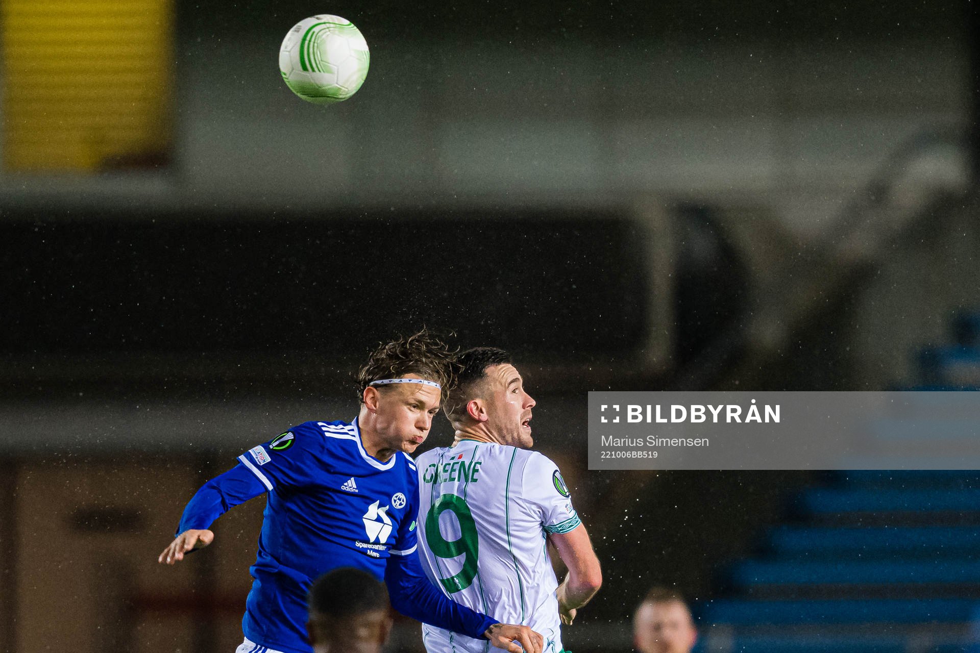 Birk Risa of Molde and Aaron Greene of Shamrock Rovers during the UEFA Europa Conference League match between Molde and Shamrock Rovers on October 6, 2022 in Molde.