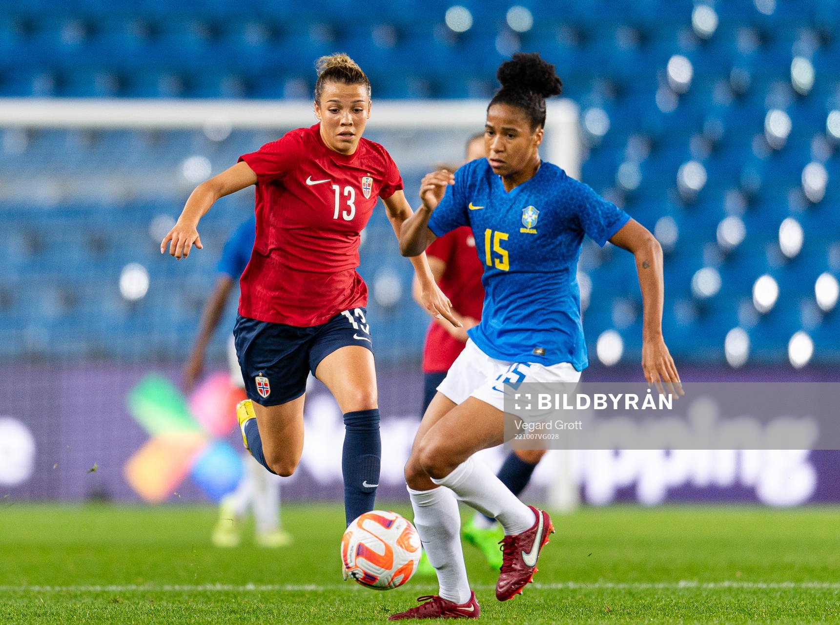 Celin Bizet Ildhusøy of Norway and Tainara of Brazil during the international friendly football match between Norway and Brazil on October 7, 2022 in Oslo.