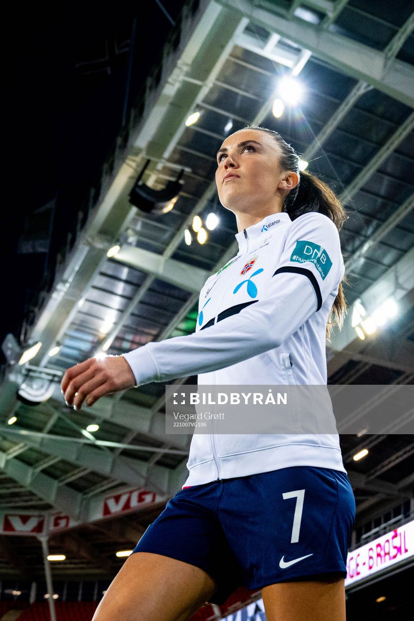 Ingrid Syrstad Engen of Norway enters the pitch