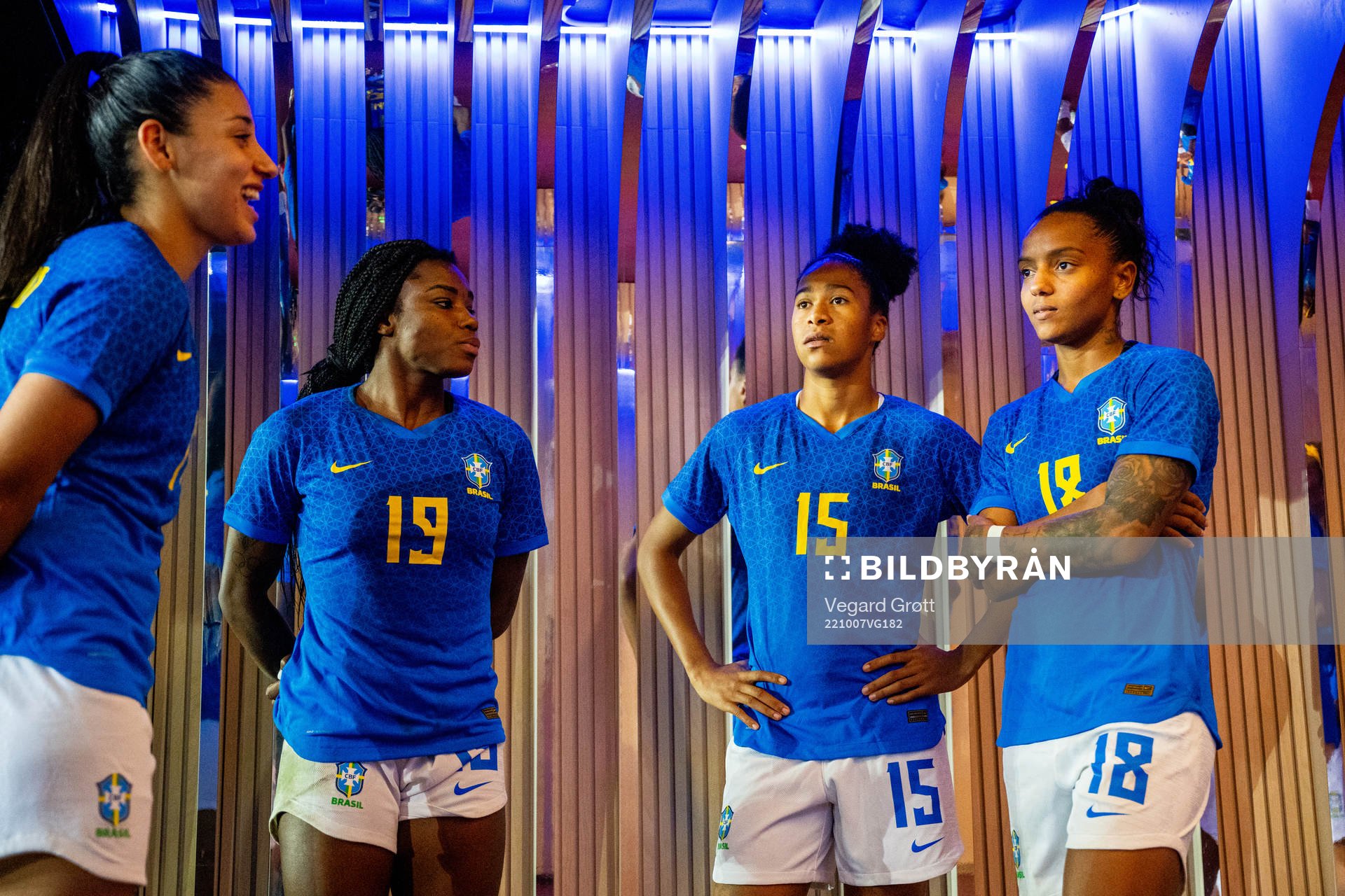 Ludmila Da Silva, Tainara and Geyse of Brazil at half-time during the international friendly football match between Norway and Brazil on October 7, 2022 in Oslo. 