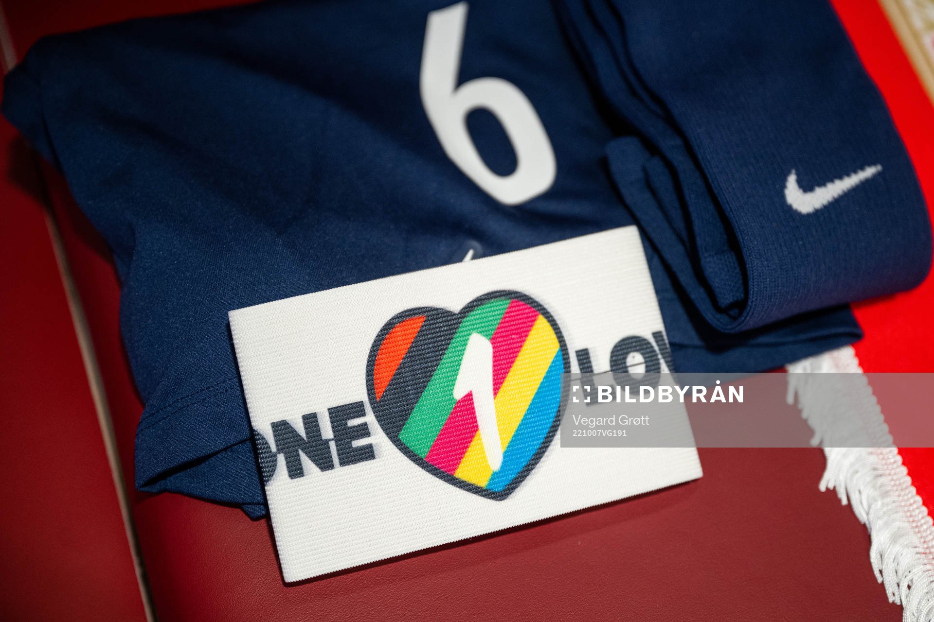 The One Love captains’ armband in the dressing room ahead of the international friendly football match between Norway and Brazil on October 7, 2022 in Oslo. 