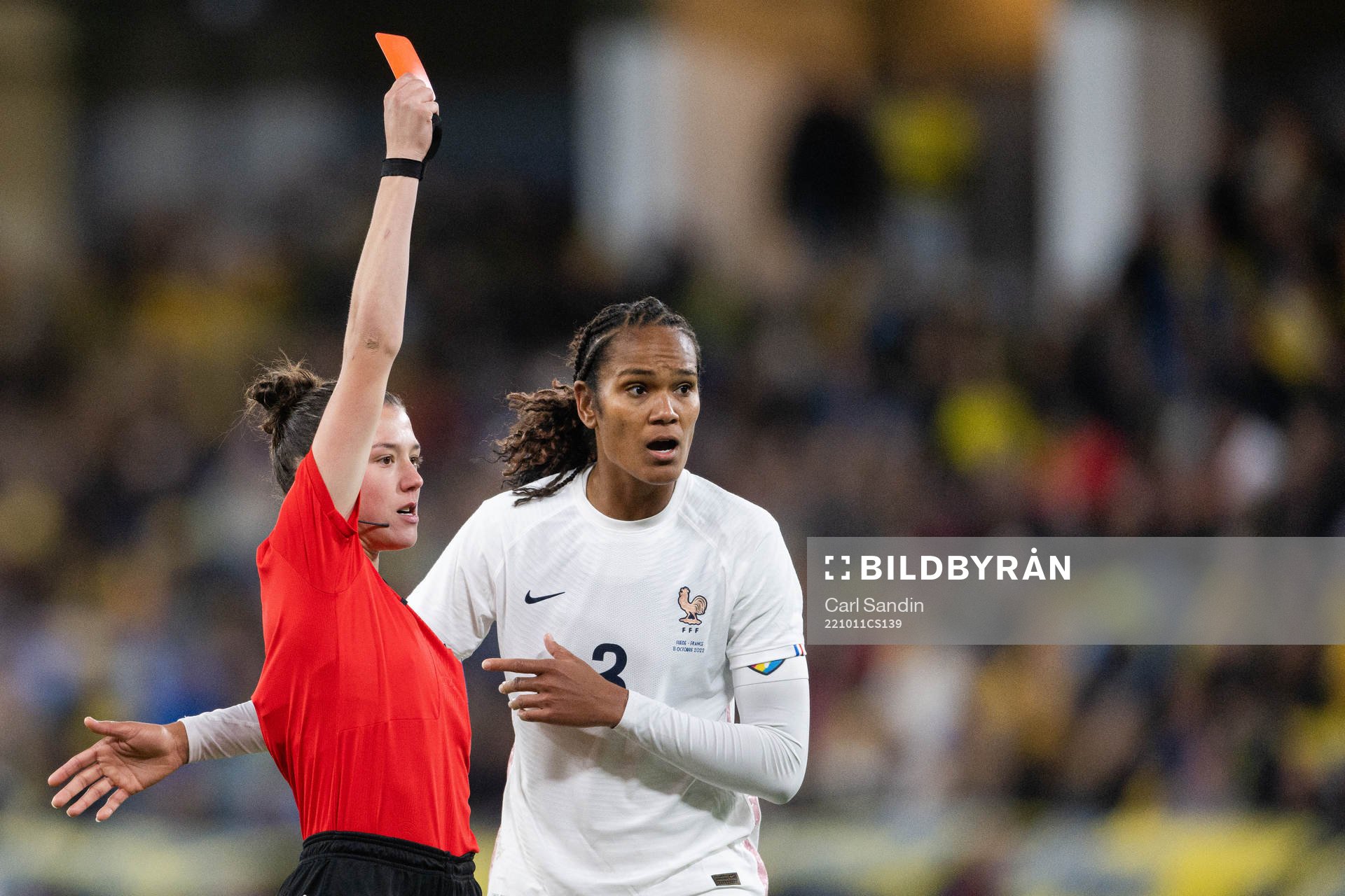 Wendie Renard of France reacts when Aissatou Tounkara of France, not pictured, receives a red card from Referee Olatz Rivera Olmedo during the women's international friendly football match between Sweden and France on October 11, 2022 in Gothenburg. 