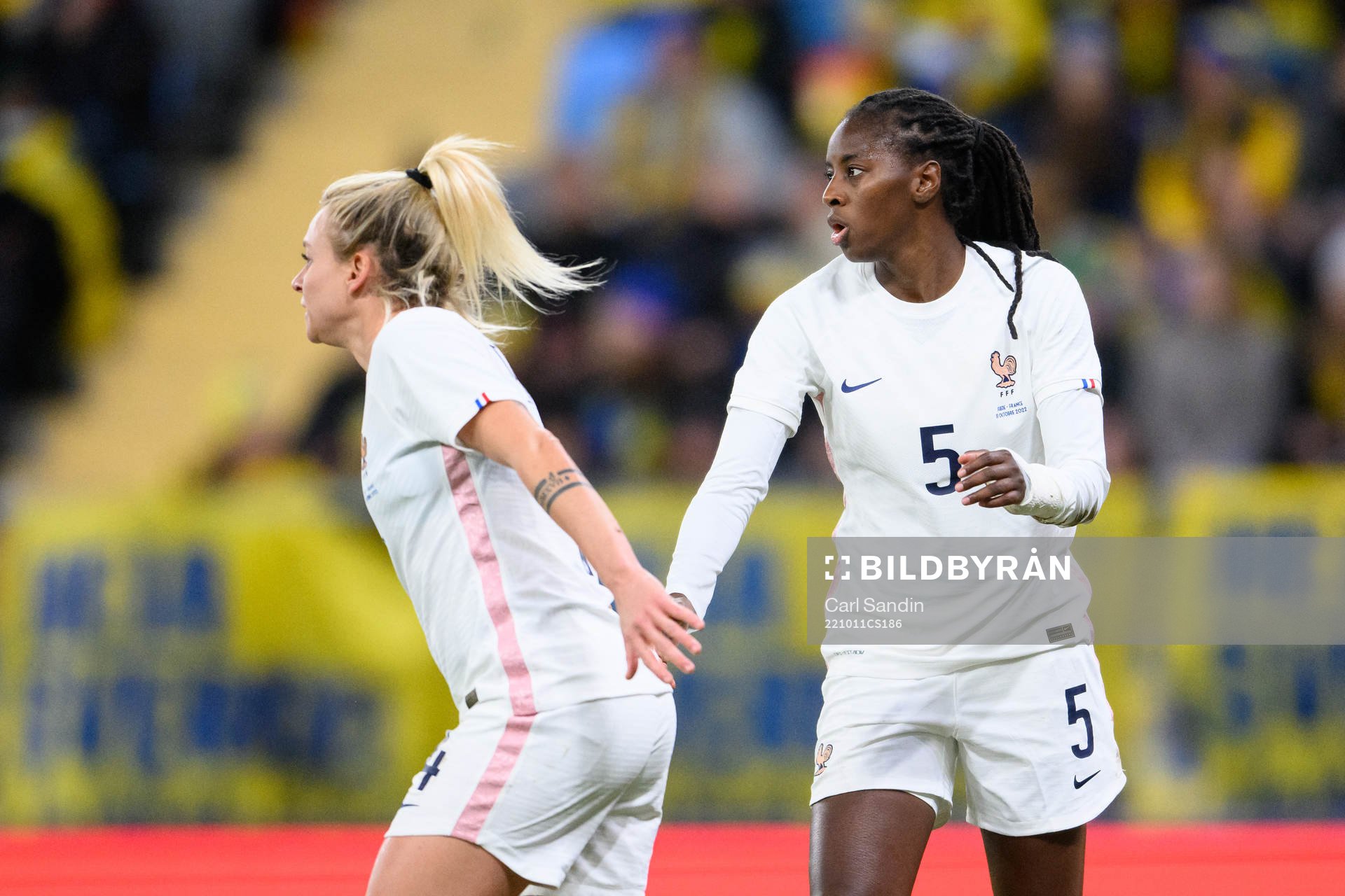 Marion Torrent and Aissatou Tounkara of France during the women's international friendly football match between Sweden and France on October 11, 2022 in Gothenburg. 