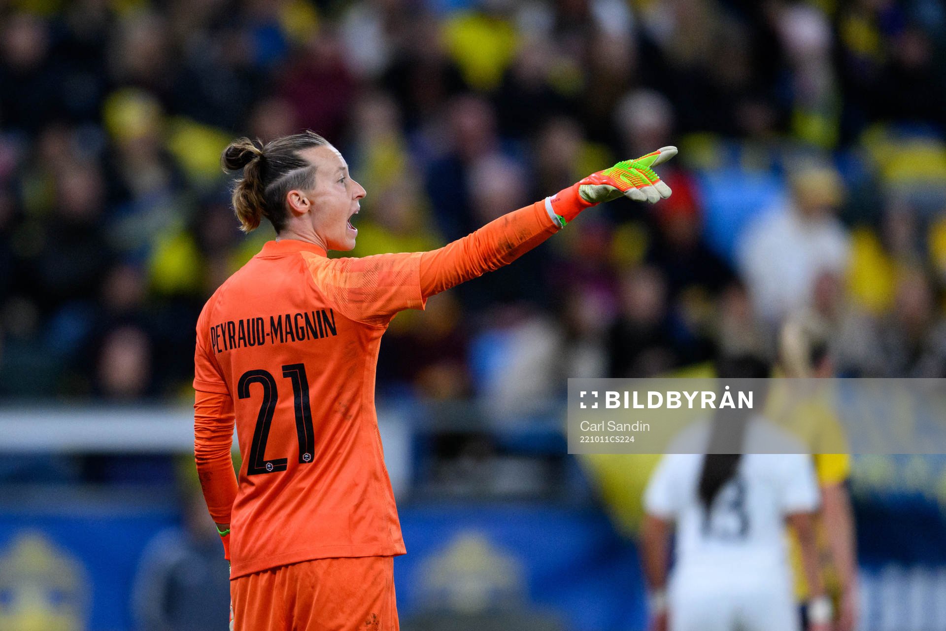 Goalkeeper Pauline Peyraud-Magnin of France during the women's international friendly football match between Sweden and France on October 11, 2022 in Gothenburg.
