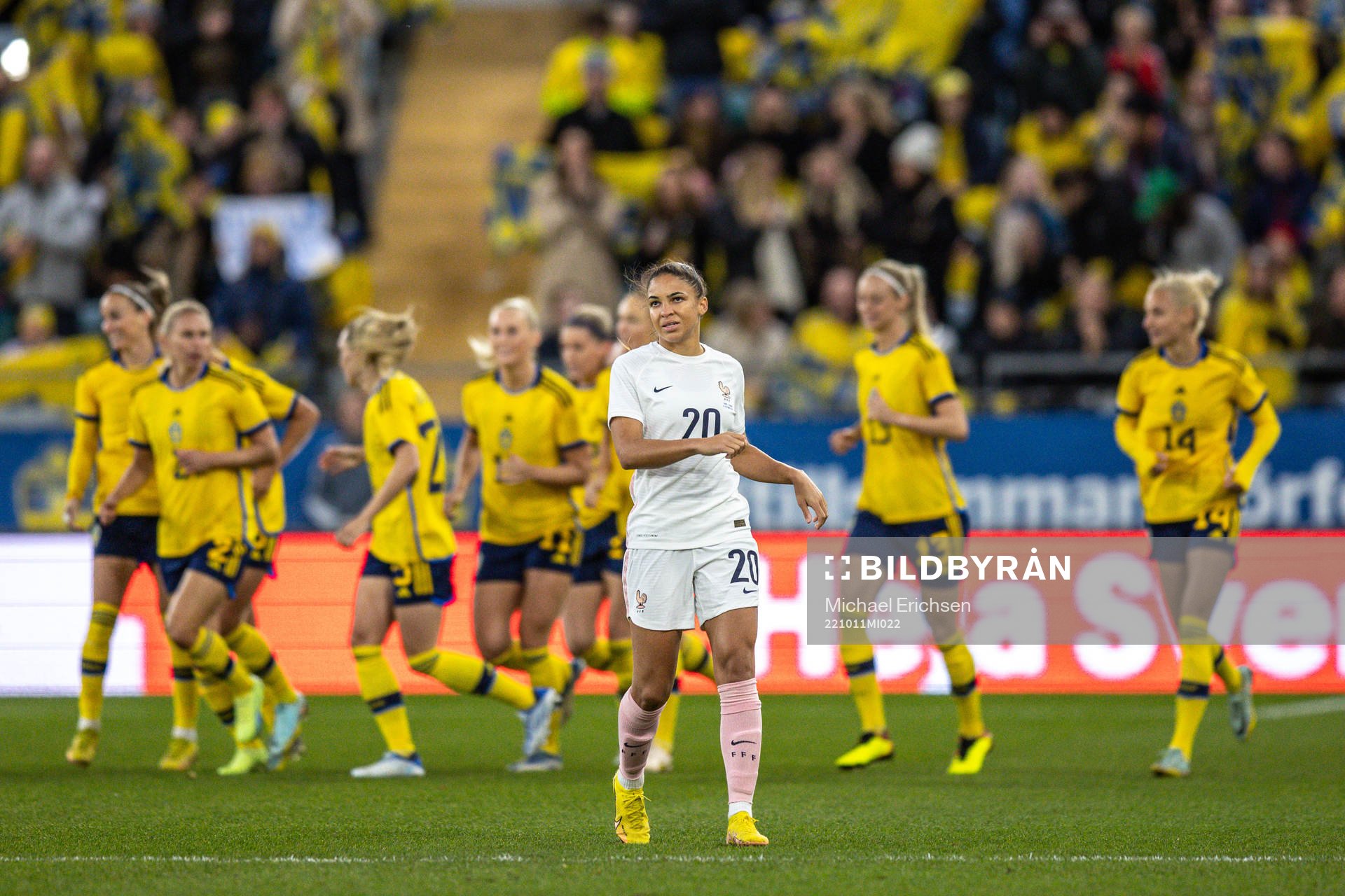 Delphine Cascarino of France looks dejected after the 1-0 goal during the women's international friendly football match between Sweden and France on October 11, 2022 in Gothenburg.