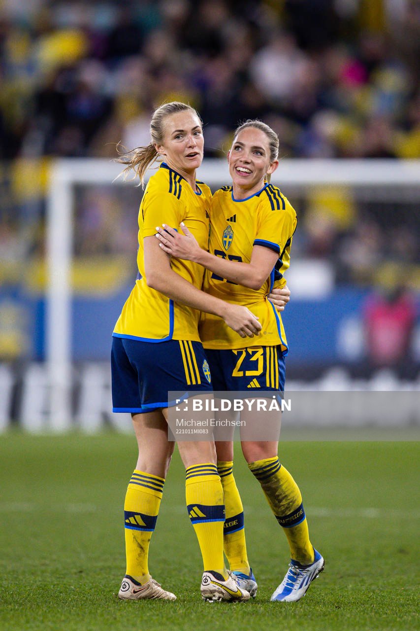 Magdalena Eriksson and Elin Rubensson of Sweden celebrate