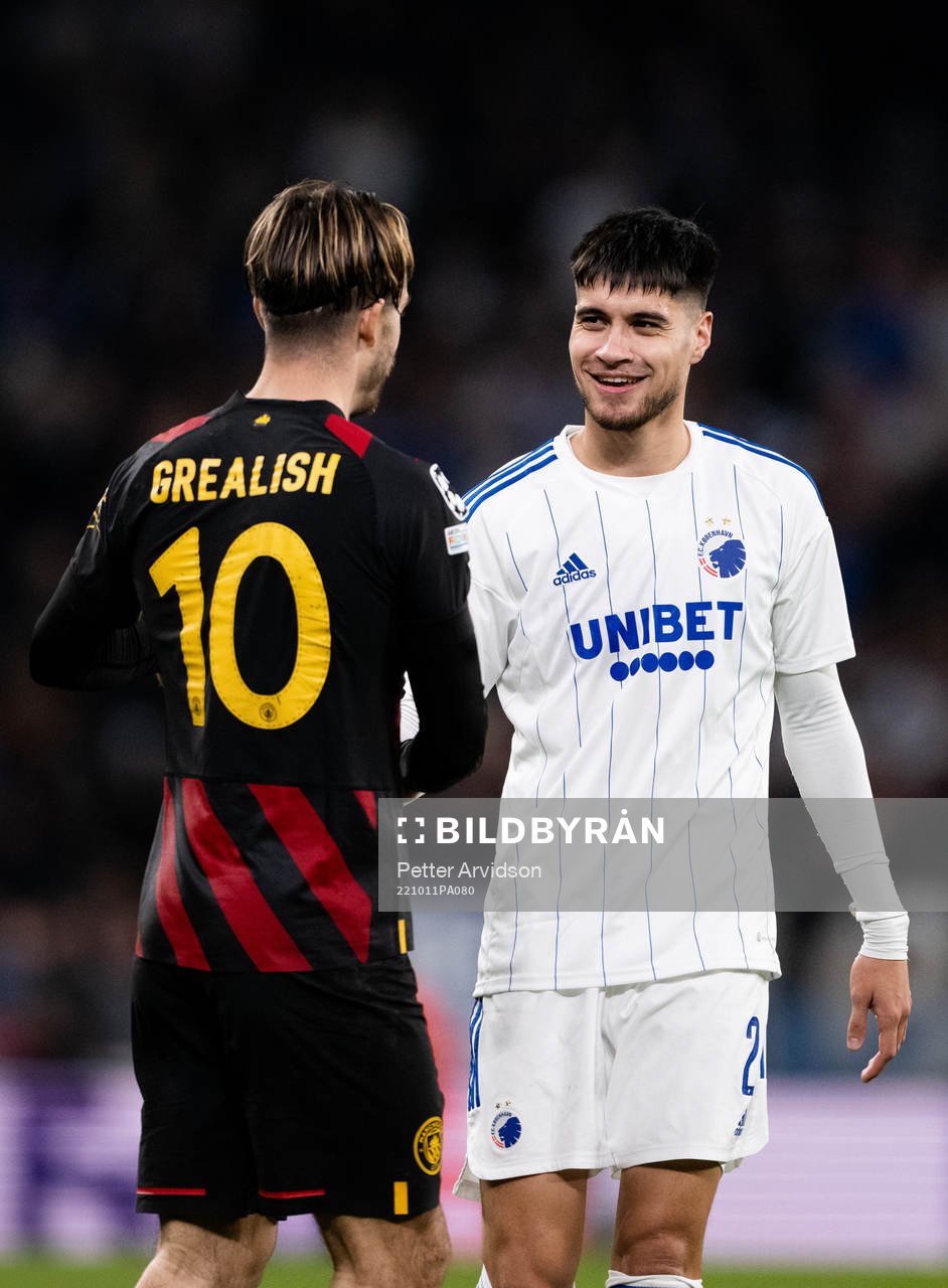 Jack Grealish of Man City and Kevin Diks of Copenhagen after the UEFA Champions League football match between FC Copenhagen and Manchester City on October 11, 2022 in Copenhagen.