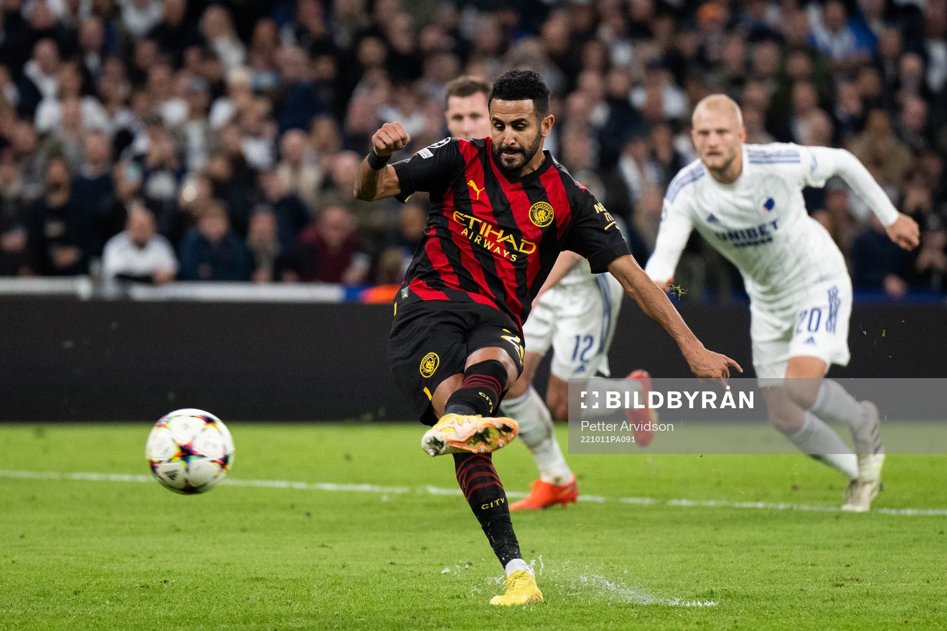 Riyad Mahrez of Man City with a penalty shot during the UEFA Champions League football match between FC Copenhagen and Manchester City on October 11, 2022 in Copenhagen. 