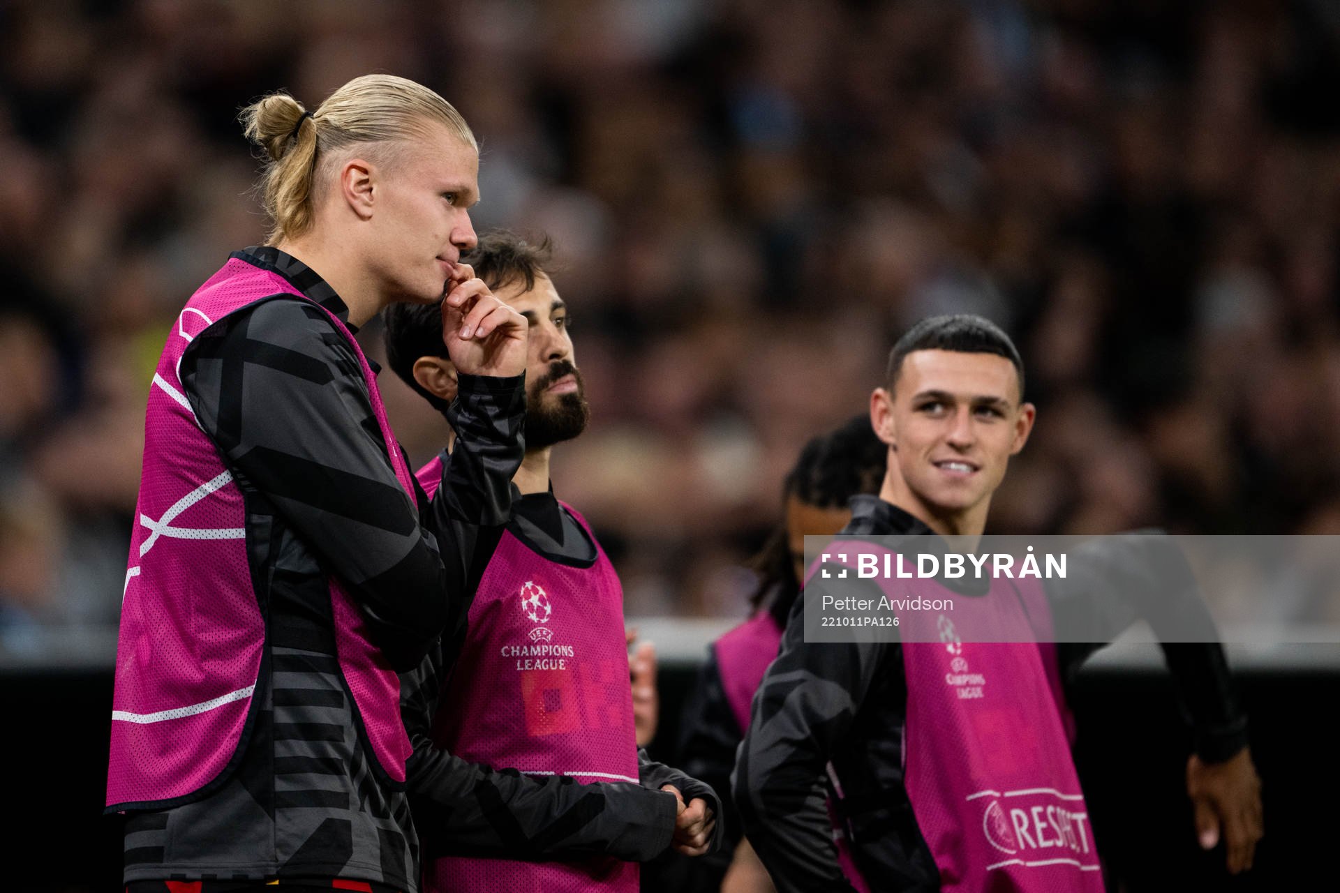 Erling Braut Haaland, Bernardo Silva and Phil Foden of Man City during the UEFA Champions League football match between FC Copenhagen and Manchester City on October 11, 2022 in Copenhagen.