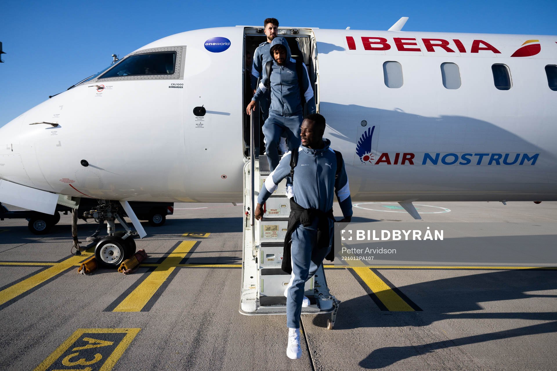 Moustafa Zeidan, Joseph Ceesay and goalkeeper Ismael Diawara arrives in Berlin during the team travel from Malmö to Berlin ahead of Europa League on October 12, 2022 in Berlin.