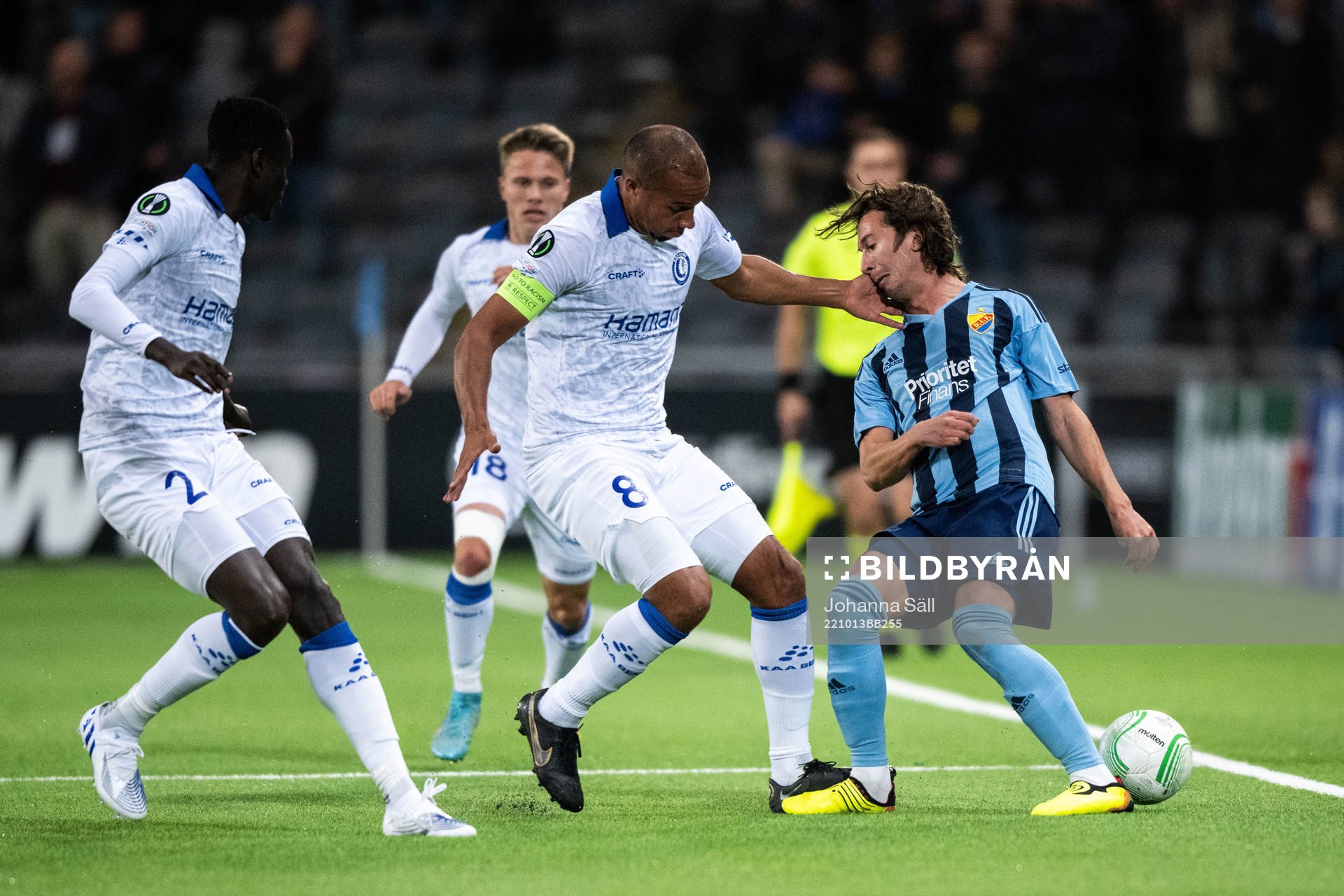 Joseph Okumu and Vadis Odjidja-Ofoe of Gent and Gustav Wikheim of Gent during the UEFA Conference League match between Djurgården and Gent on October 13, 2022 in Stockholm.