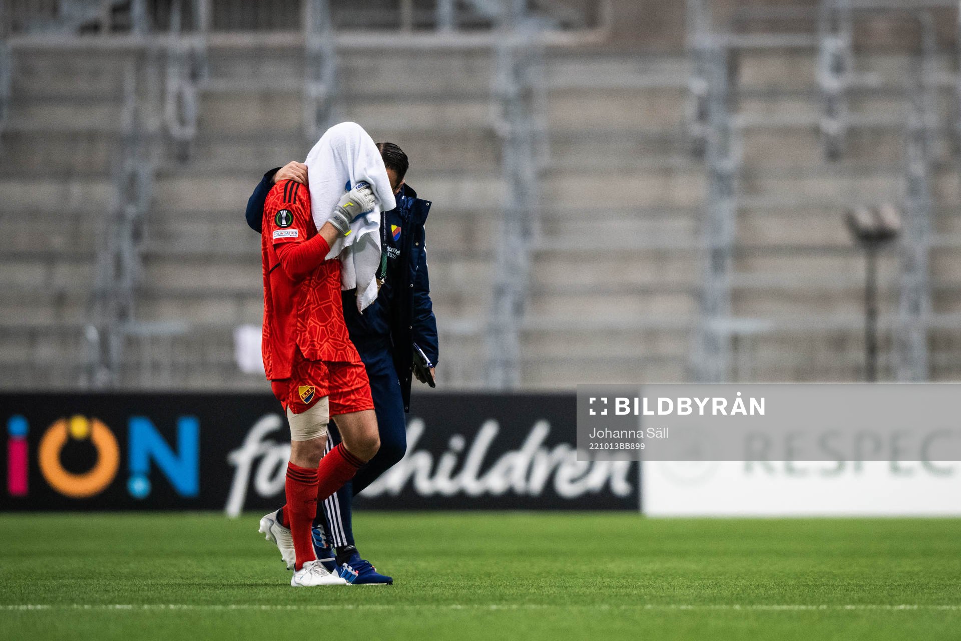 goalkeeper Aleksandr Vasiutin of Djurgården in pain after the UEFA Conference League match between Djurgården and Gent on October 13, 2022 in Stockholm.