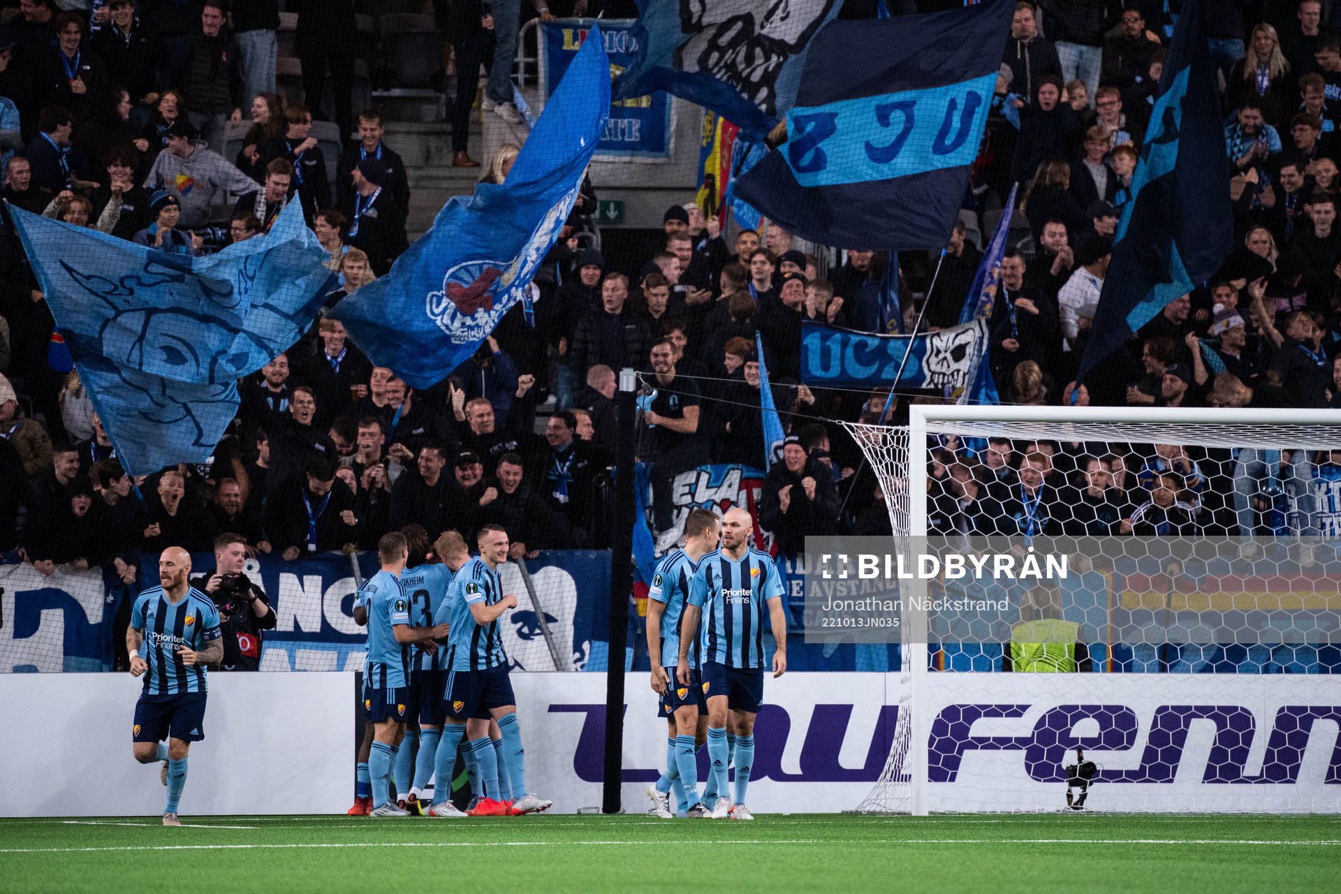 Gustav Wikheim of Djurgården celebrates with teammates