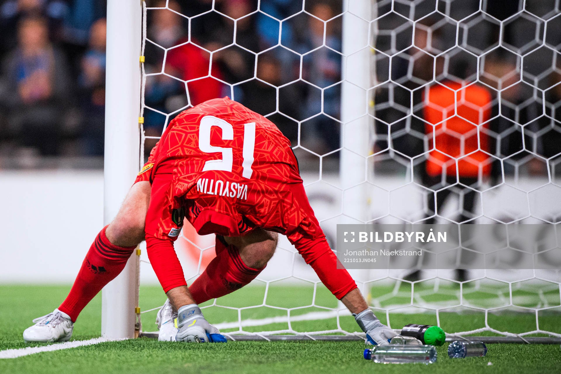 Goalkeeper Aleksandr Vasiutin of Djurgården in pain during the UEFA Conference League match between Djurgården and Gent on October 13, 2022 in Stockholm.