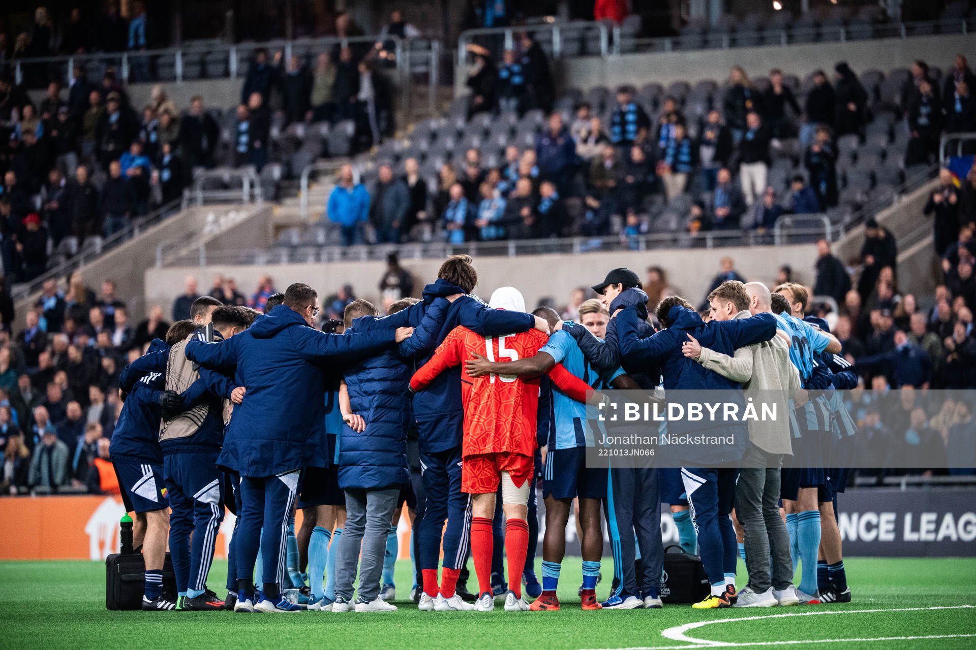 Players of Djurgården celebrate after the UEFA Conference League match between Djurgården and Gent on October 13, 2022 in Stockholm.