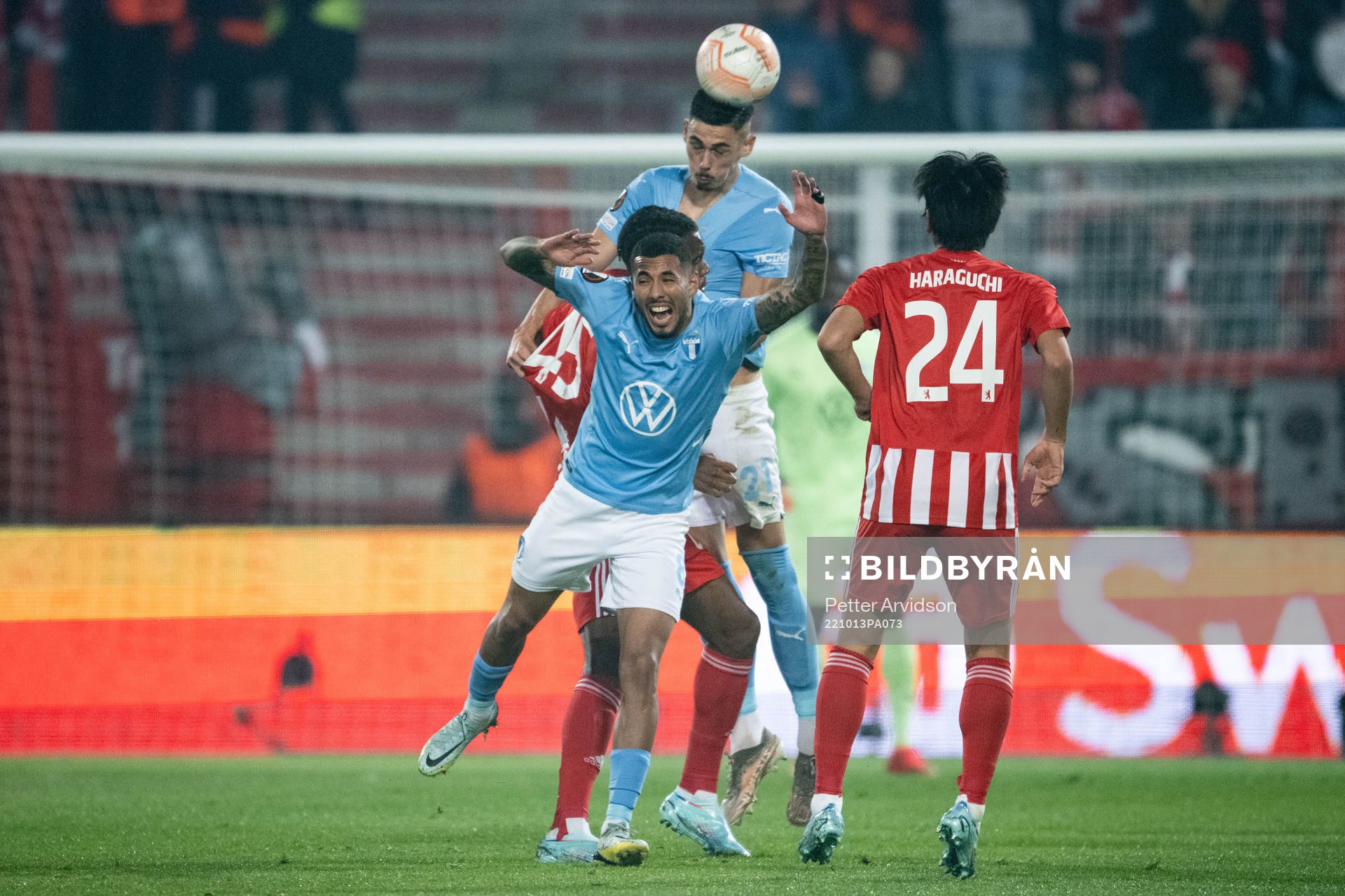 Sergio Pena and Dennis Hadžikadunic of Malmö FF during the UEFA Europa League match between Union Berlin and Malmö FF on October 13, 2022 in Berlin .