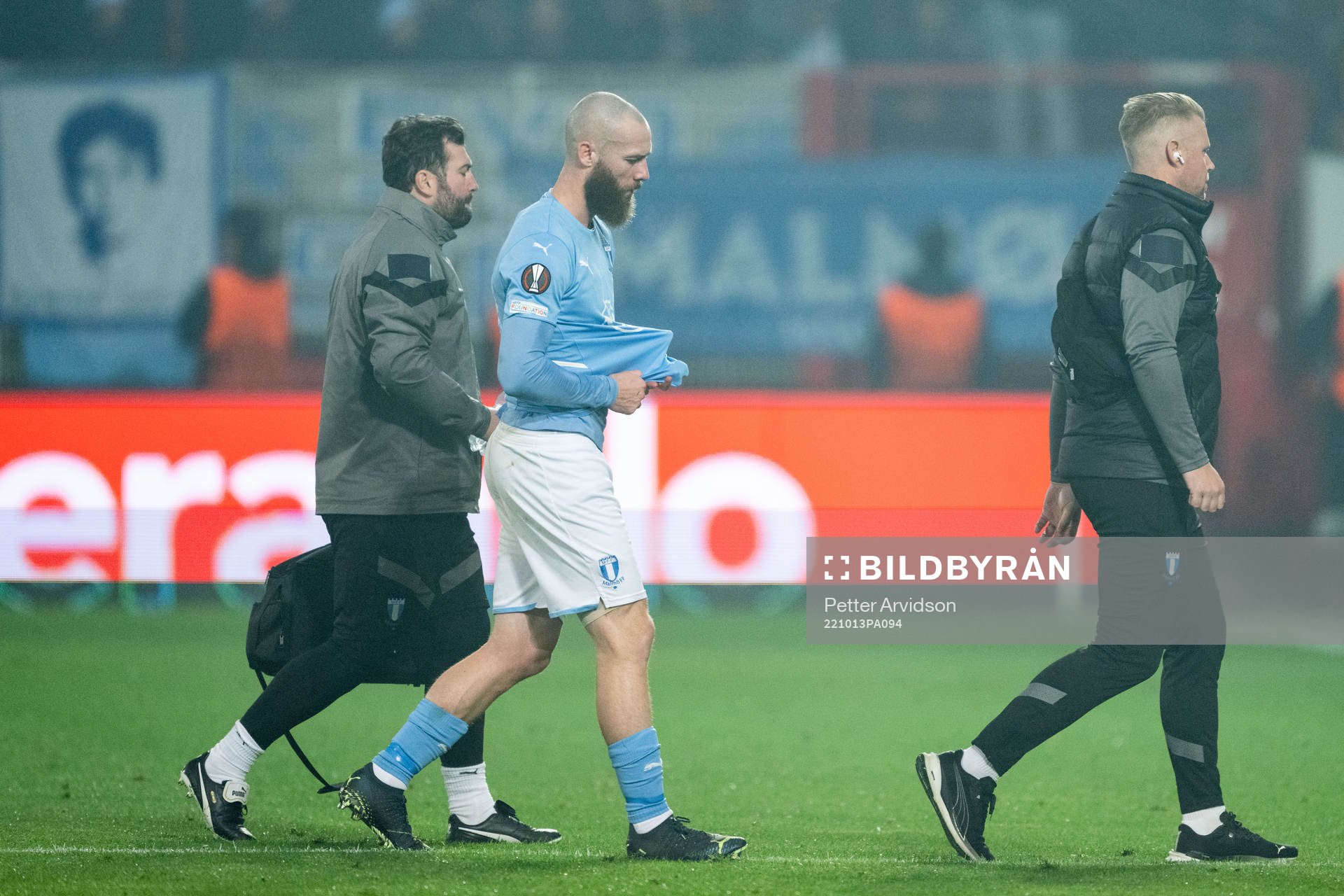 Jo Inge Berget of Malmö FF leaves the pitch due to injury
