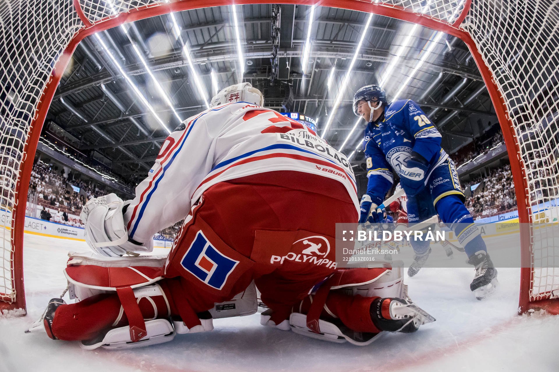 Leksands Justin Glenn Kloos och Timrås målvakt Jacob