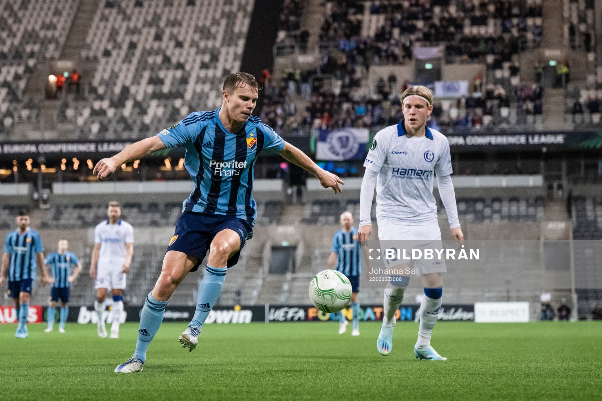 Elias Andersson of Djurgården and Jens Petter Hauge of Gent during the UEFA Conference League match between Djurgården and Gent on October 13, 2022 in Stockholm.