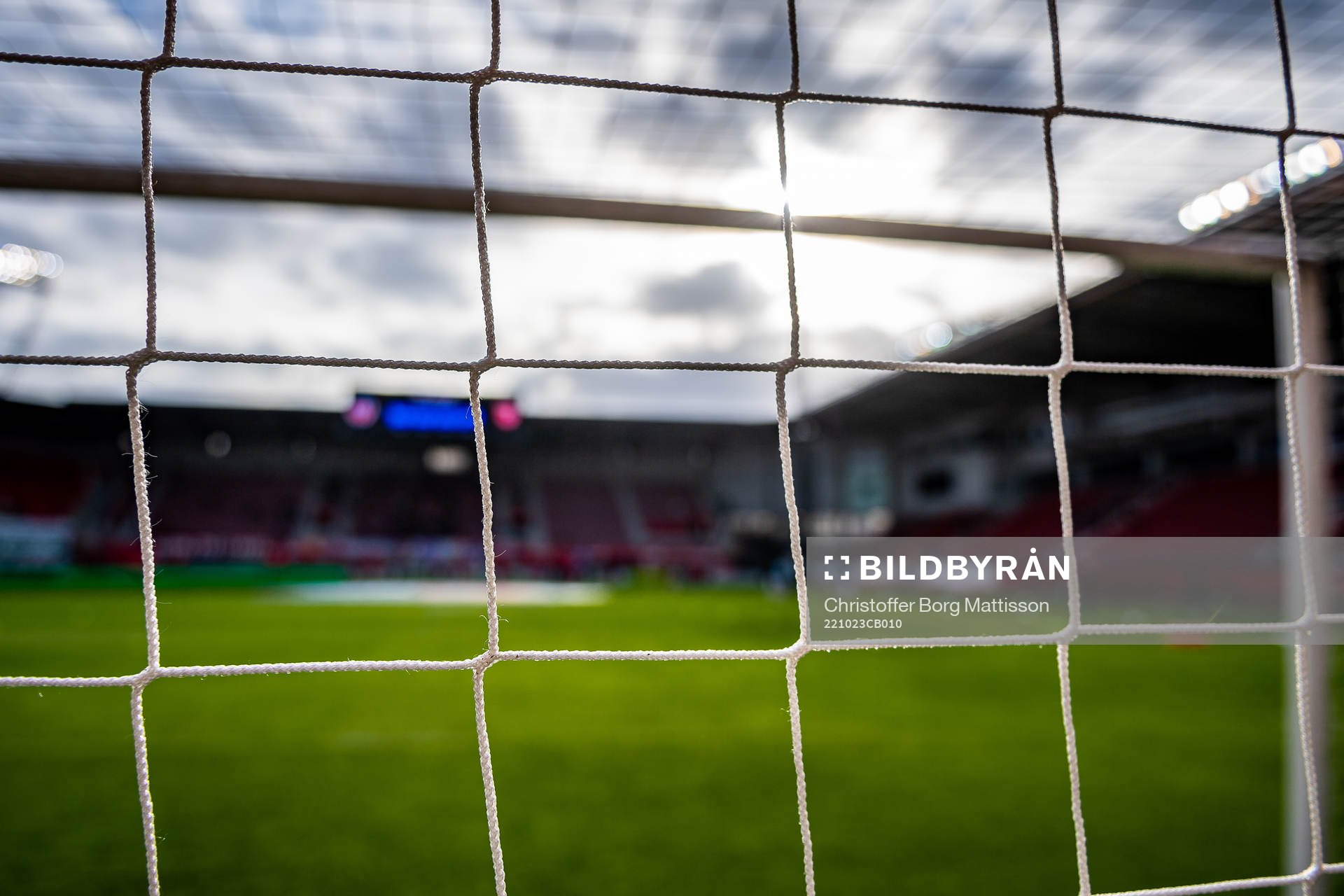 Nät i ett fotbollsmål på Olympia inför fotbollsmatchen i Allsvenskan mellan Helsingborg och Degerfors den 23 oktober 2022 i Helsingborg.