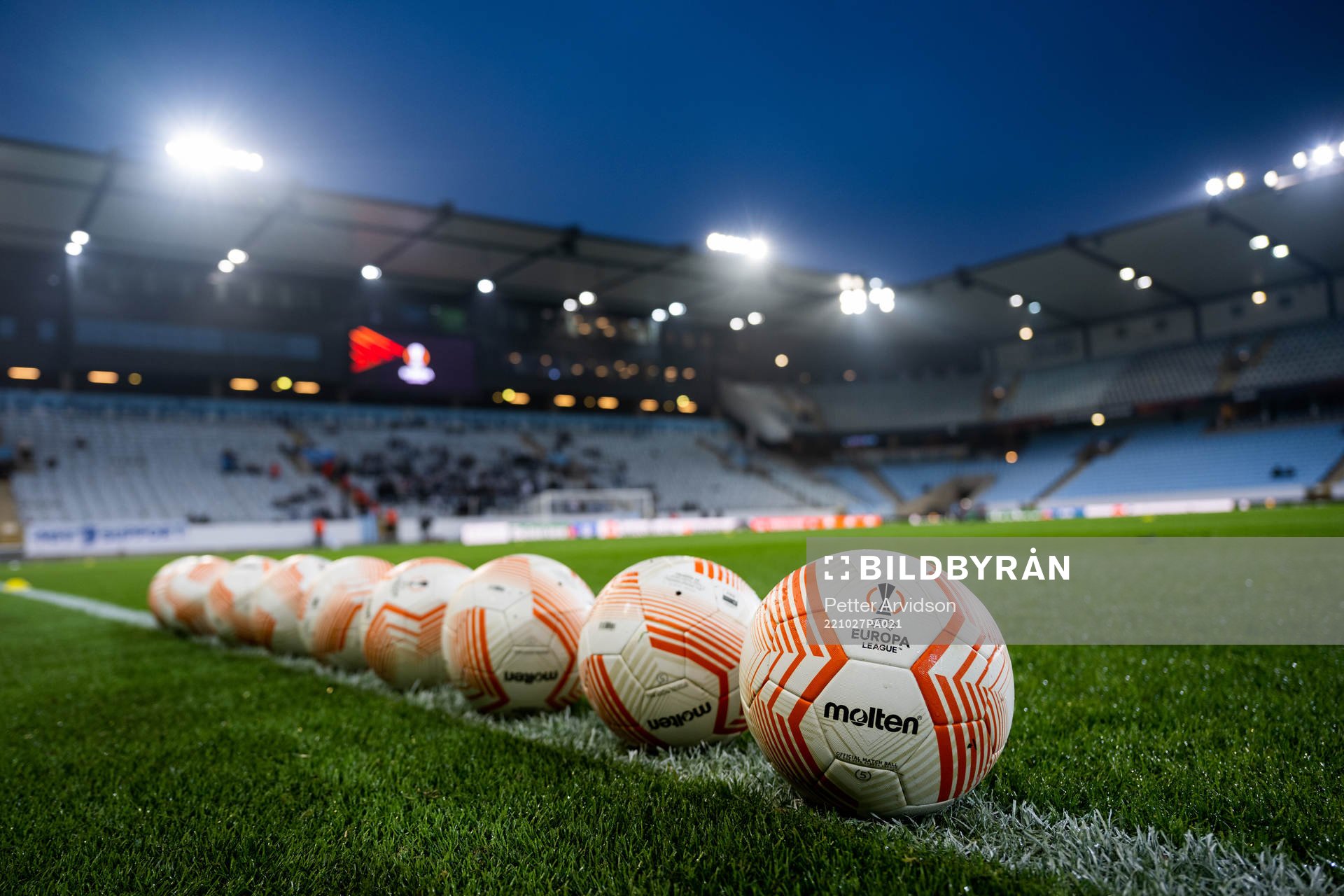 General view of official match balls at Malmö New Stadium