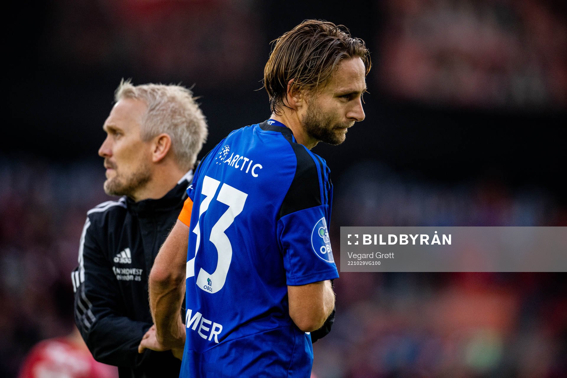 Jørgen Paulov Hammer and Jørgen Isnes, head coach of KFUM, after the OBOS-ligaen football match between Brann and KFUM on October 29, 2022 in Bergen.