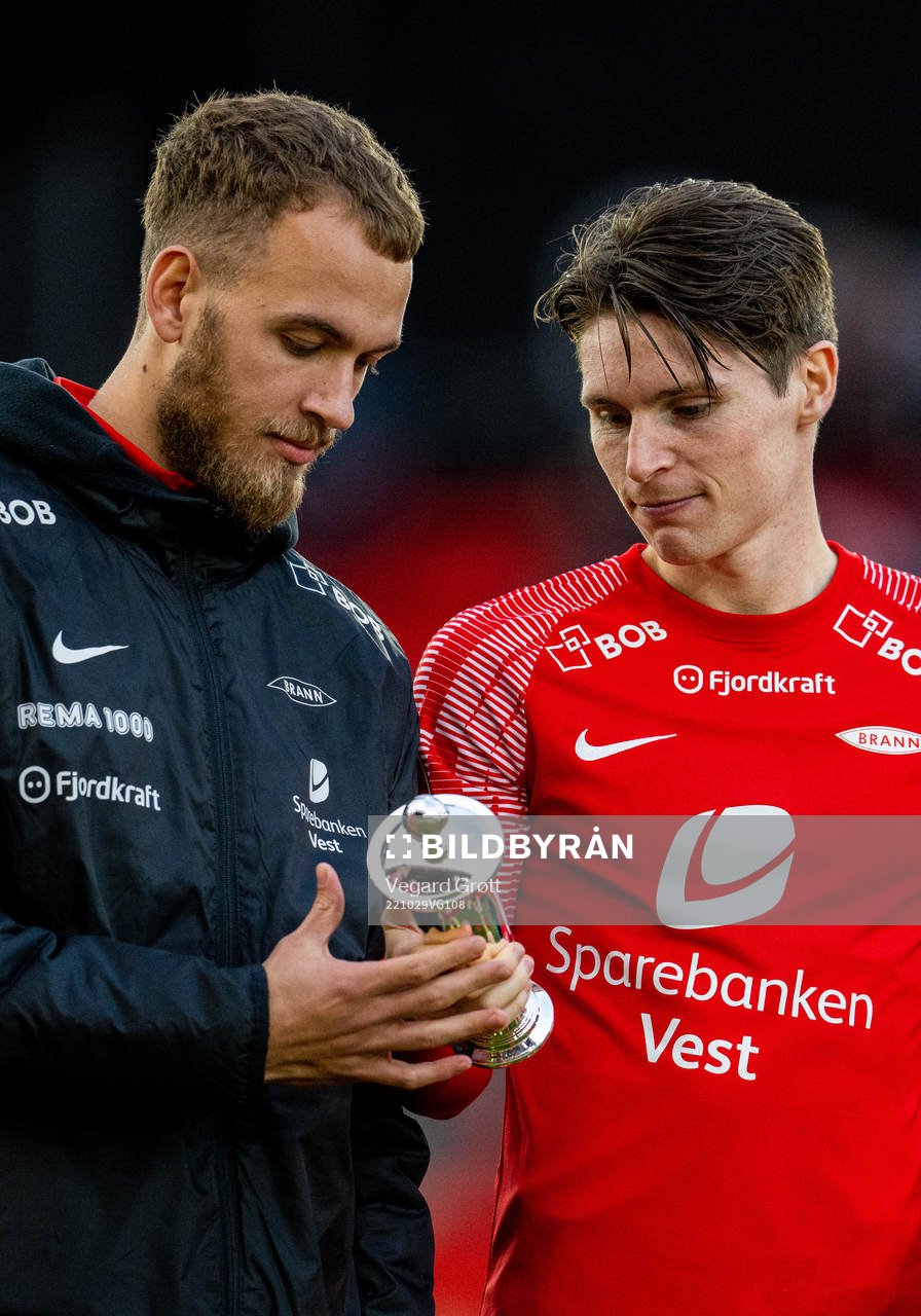 Goalkeeper Markus Olsen Pettersen and Kasper Skaanes of Brann with the trophy after the OBOS-ligaen football match between Brann and KFUM on October 29, 2022 in Bergen.